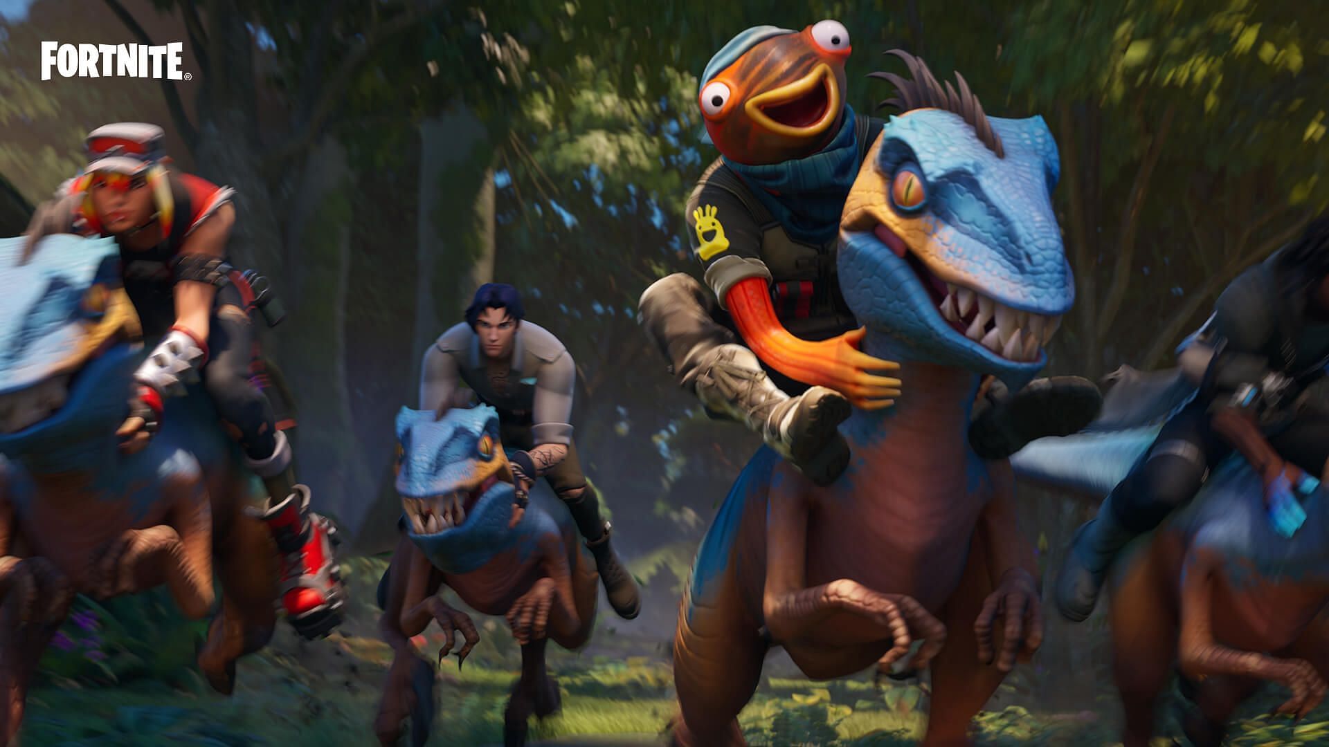 Riding a Raptor in Fortnite Chapter 4 Season 3 (Image via Epic Games)