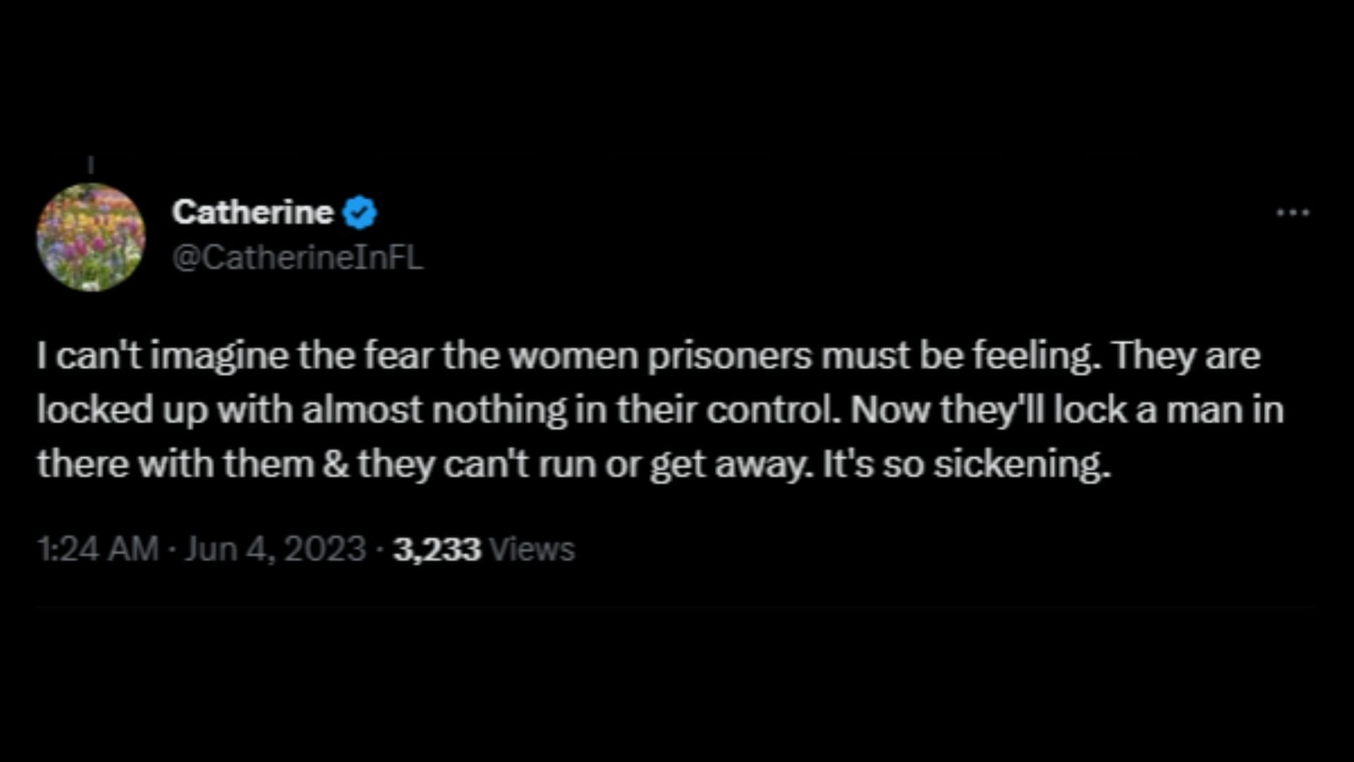 Screenshot of a Twitter user remarking on Lusk&#039;s transfer to a women&#039;s prison. (Photo via @ReduxxMag/Twitter)