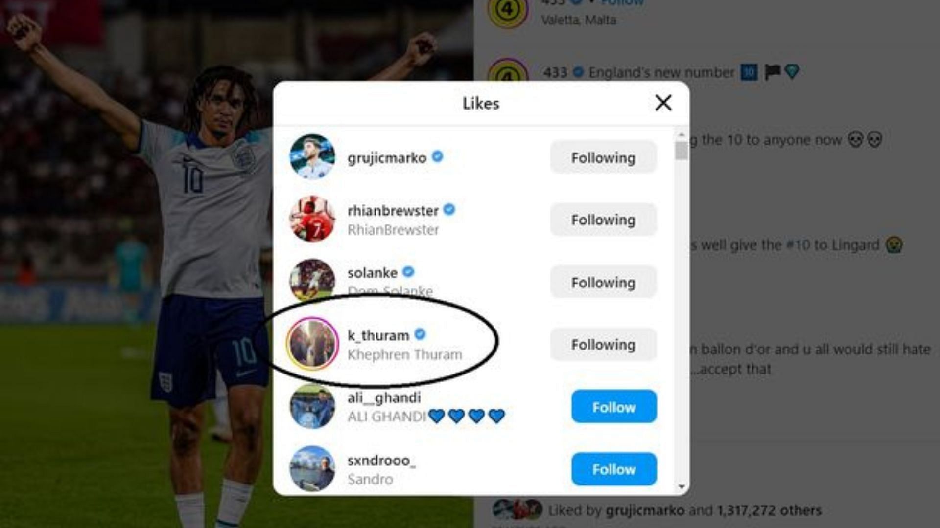 Khephren Thuram liked a post about Trent Alexander-Arnold (Image courtesy of Liverpool Echo)