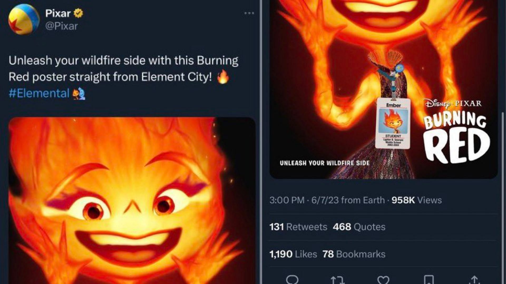 A now deleted showing promo for Pixar&#039;s Elemental, which received criticism from fans for being posted at an inappropriate time due to the Canadian wildfires (Image via Twitter)