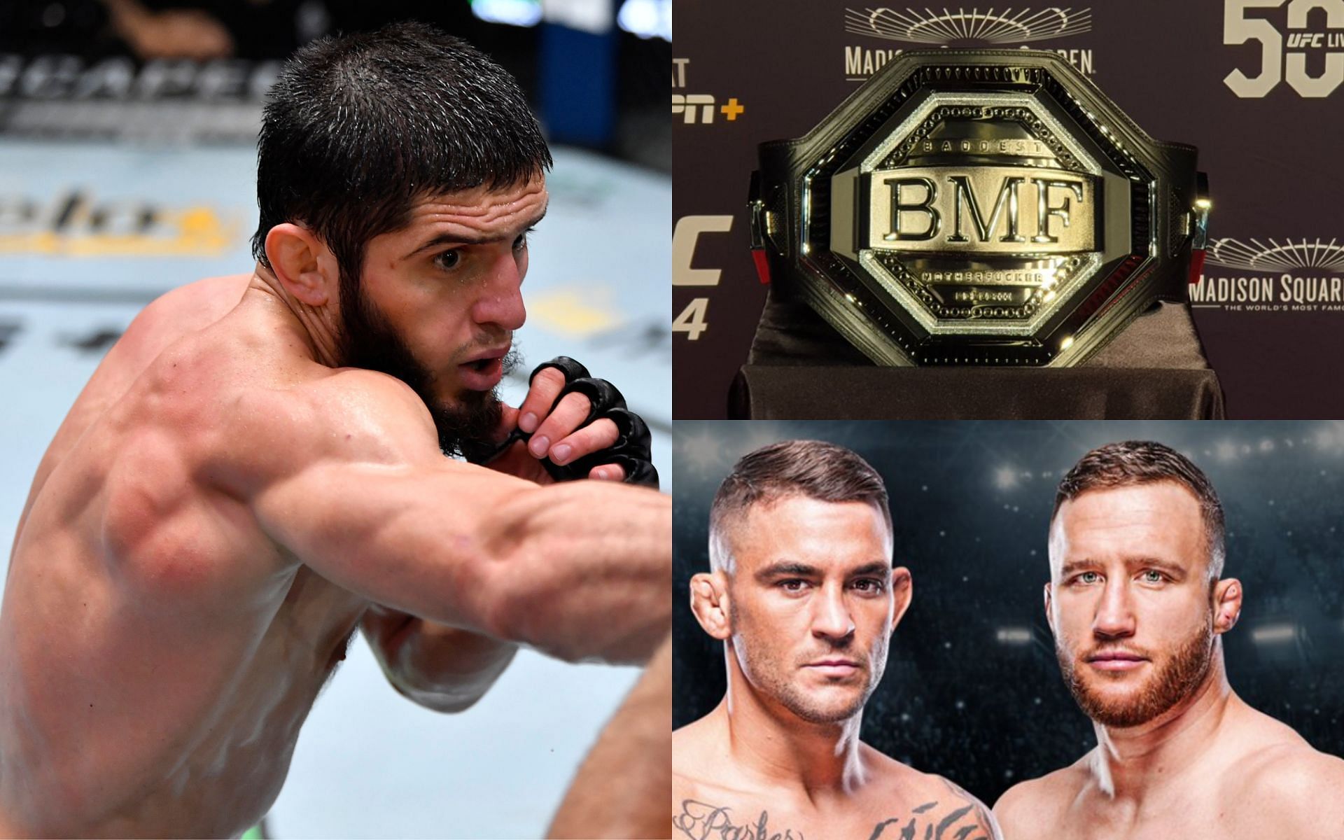 Islam Makhachev (Left); BMF title (Top Right); Dustin Poirier and Justin Gaethje (Bottom Right) [*Image courtesy: left image via Getty Images; right images via @btsportufc and @espnmma Twitter]