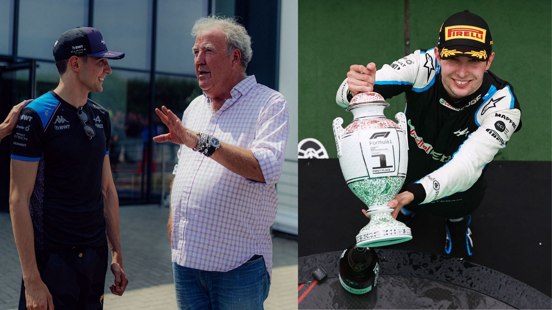 Esteban Ocon and Jeremy Clarkson. [PC: Twitter/Alpine and Getty Images]