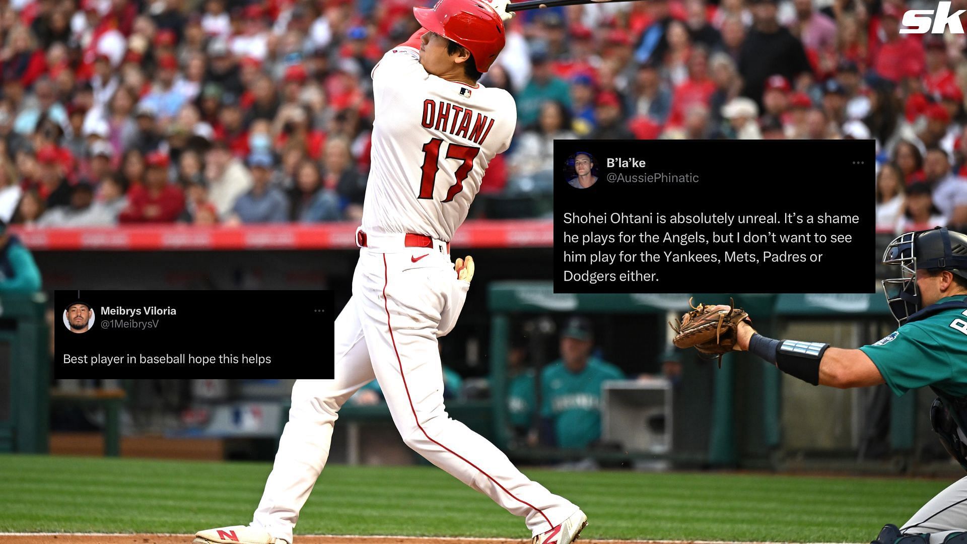 Shohei Ohtani of the Los Angeles Angels hits a two run home run in the third inning against the Seattle Mariners