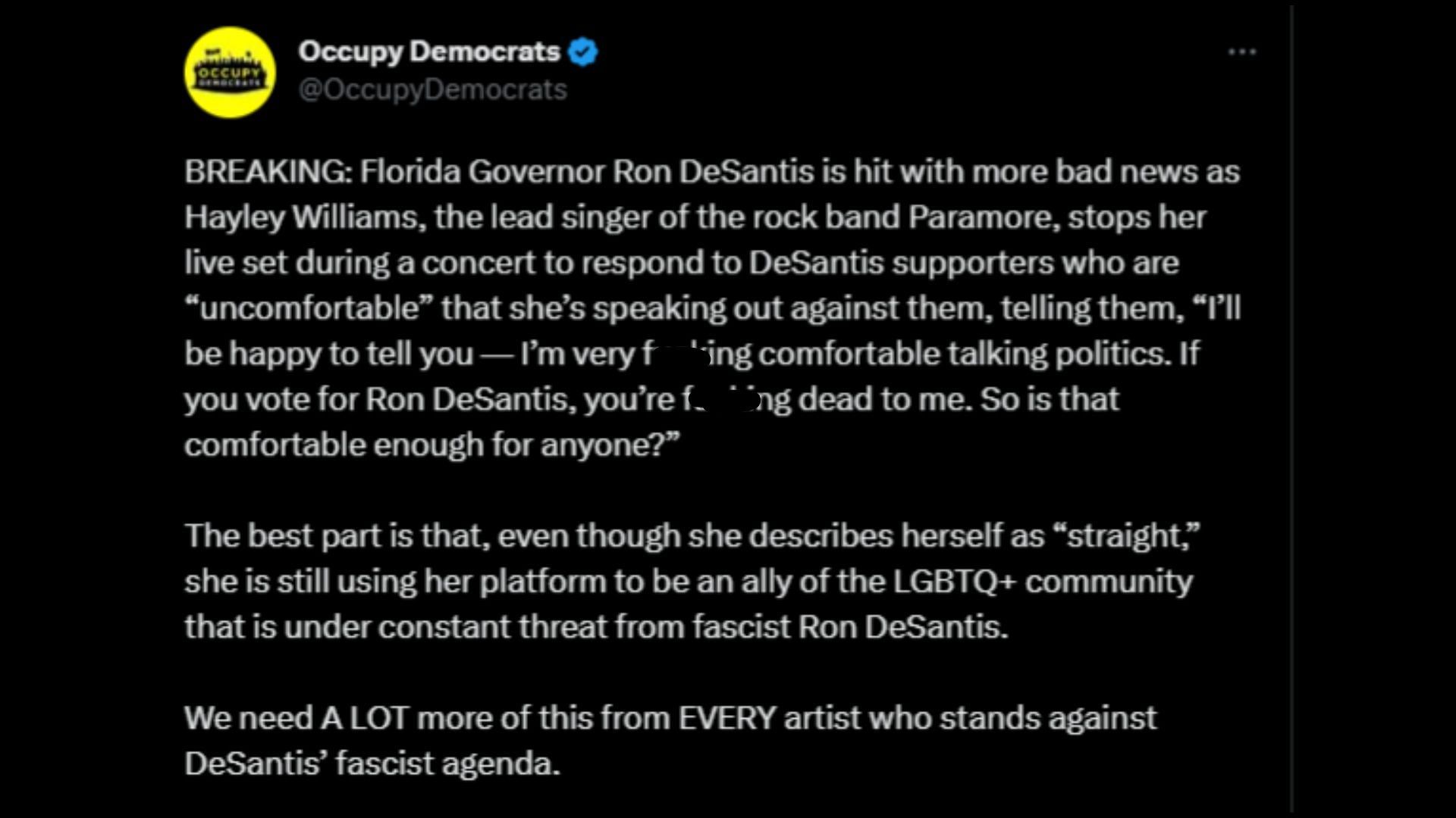 Screenshot of a Twitter user remarking on Hayley Williams&#039; remarks on Ron DeSantis.