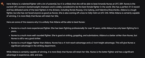 Google AI breakdown of Amanda Nunes vs. Irene Aldana