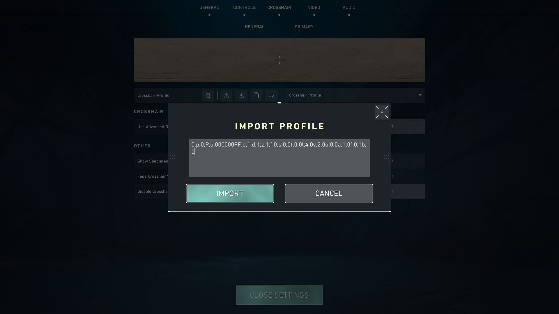 How to import a new crosshair profile (Image via Riot Games)