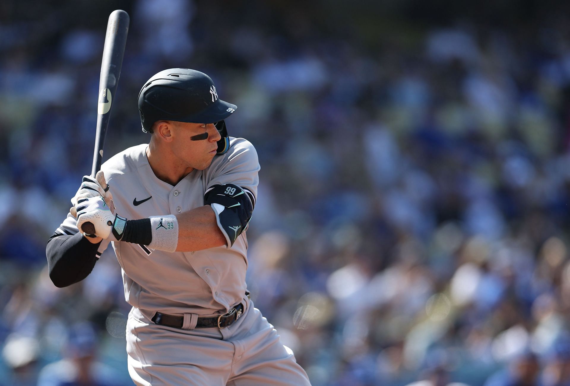 Aaron Judge #99 of the New York Yankees at bat against the Los Angeles Dodgers at Dodger Stadium on June 03, 2023, in Los Angeles, California. (Photo by Harry How/Getty Images)