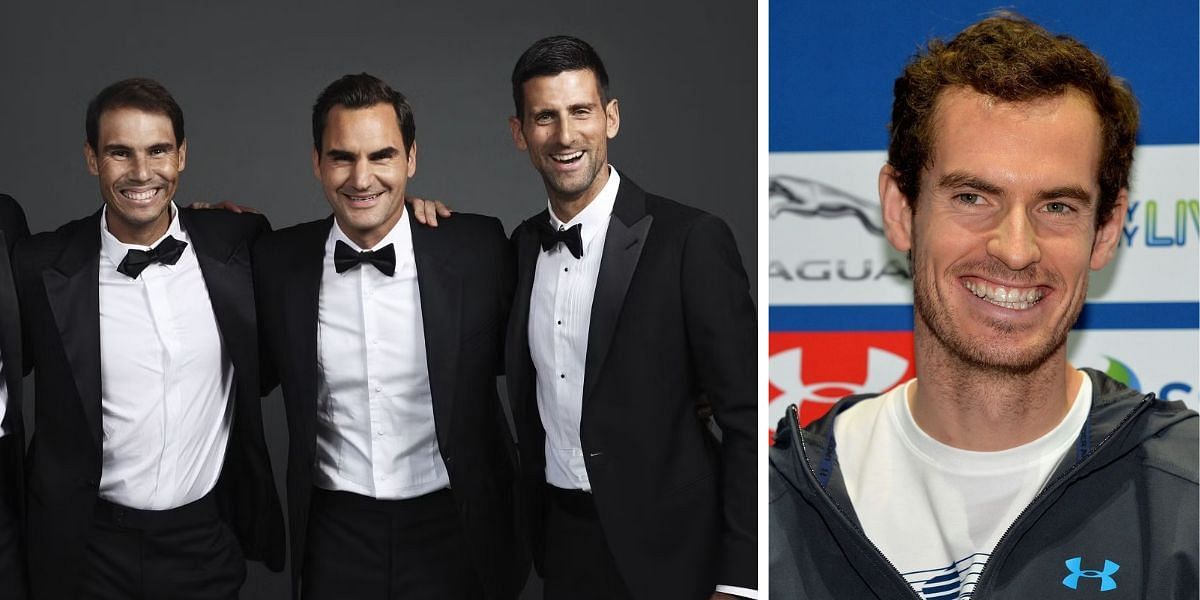 Rafael Nadal, Roger Federer and Novak Djokovic (L) and Andy Murray (R)