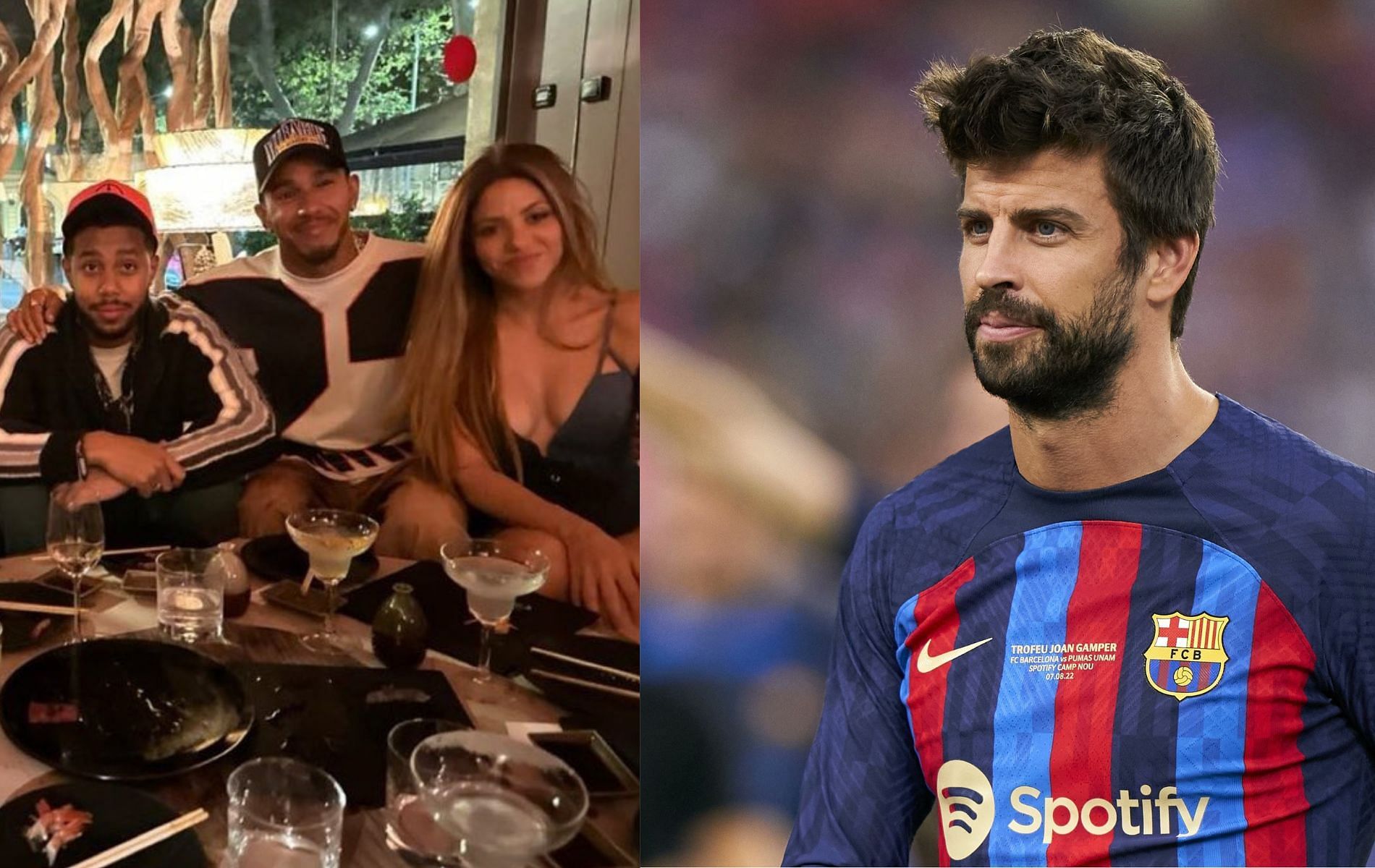 Lewis Hamilton and Shakira have dinner in Spain. Barcelona soccer star Gerard Pique on the right. Both images taken from Twitter. 