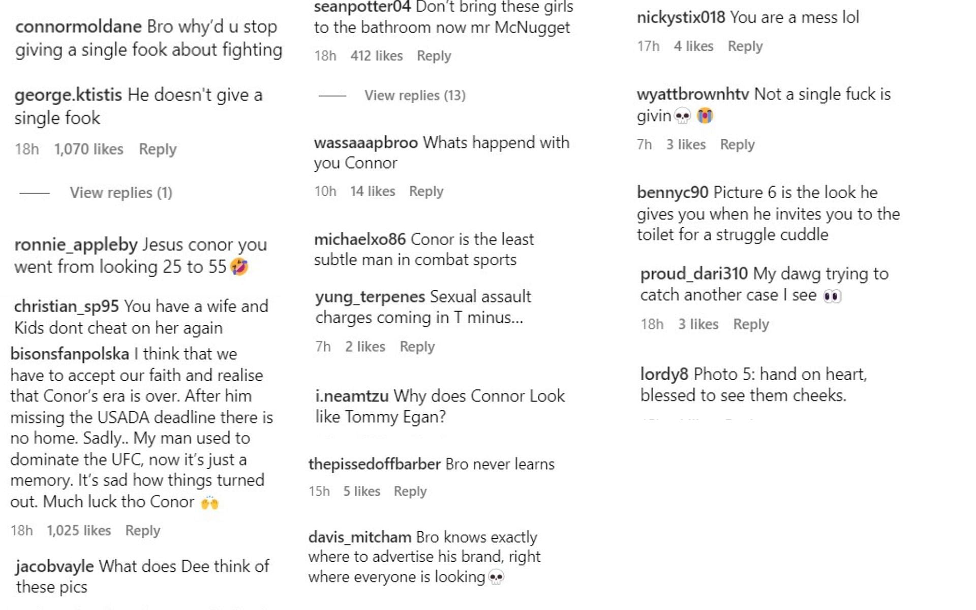 Screenshot of fan reactions to McGregor&#039;s Instagram post