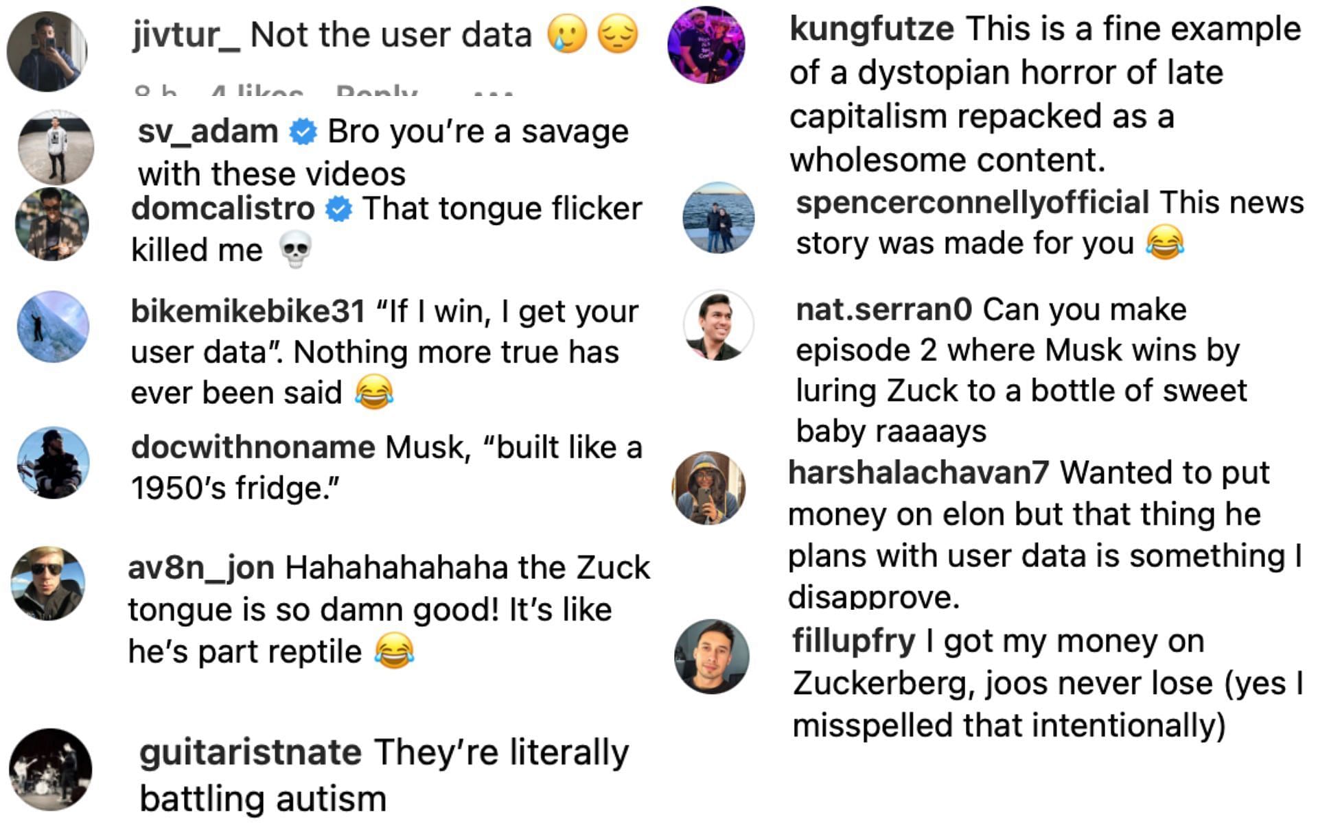 Fans respond to Austin Nasso&#039;s hilarious enactment of trash talking between Musk and Zuckerberg. [via Instagram @austinnasso]