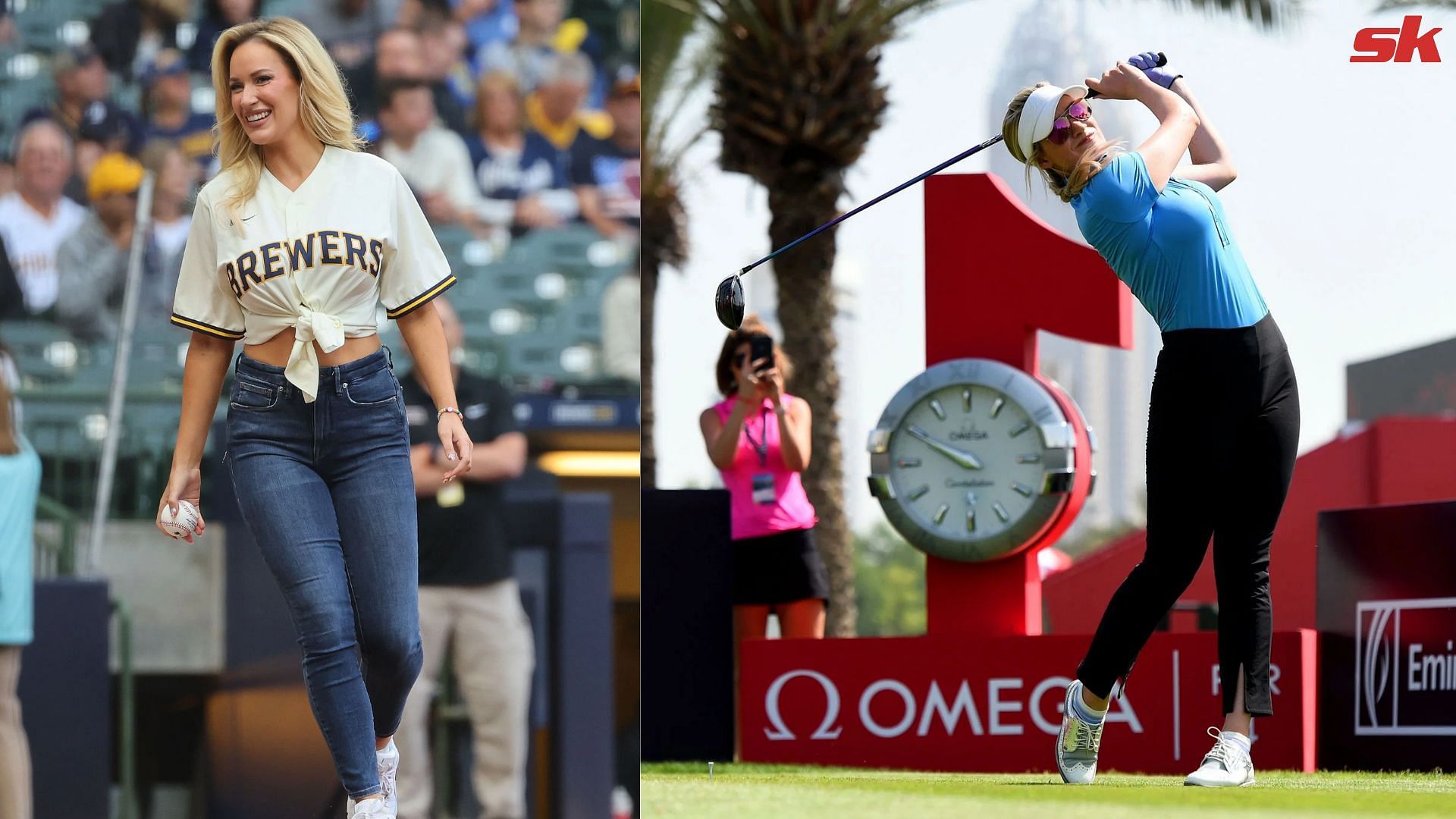 Former golfer and social media personality Paige Spiranac throwing out the first pitch in the game between Milwaukee Brewers and Pittsburgh Pirates.