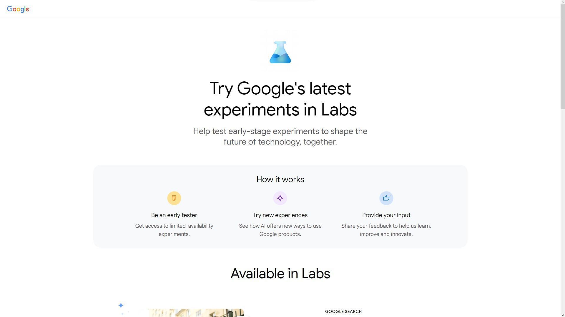 The Google Labs homepage (Image via Google)