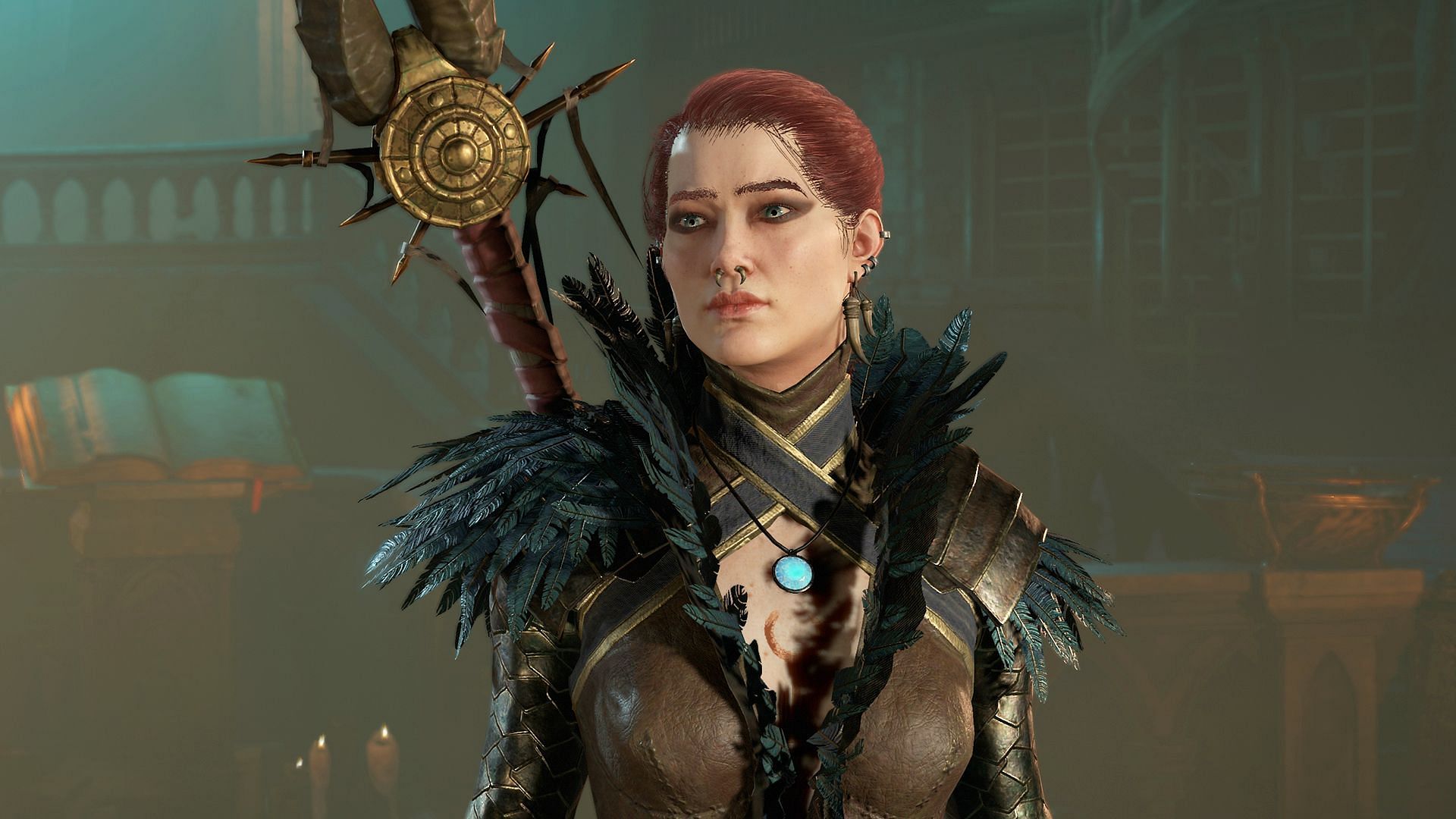The image depicts a female sorcerer character in Diablo 4
