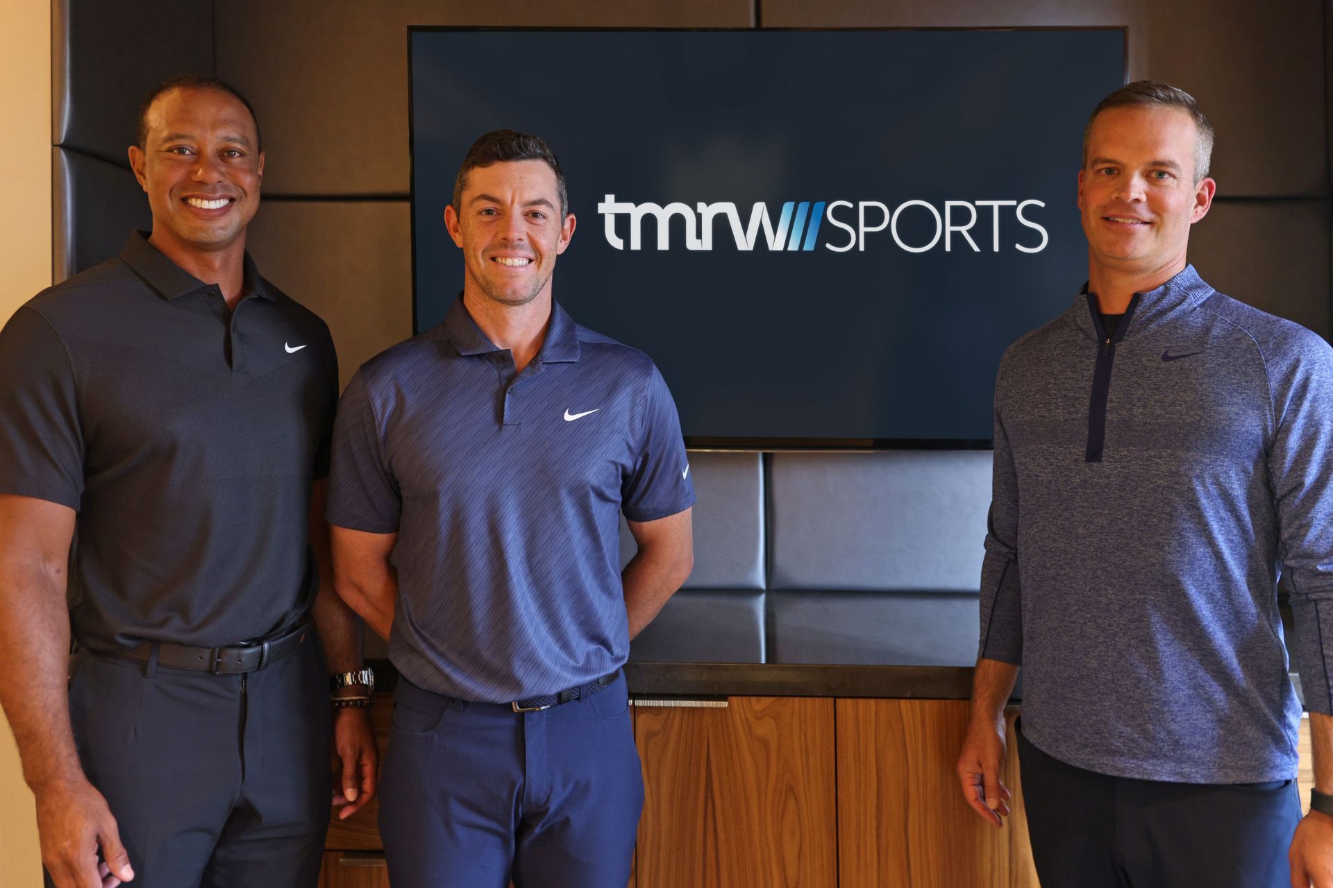 Cofounders Tiger Woods, Rory McIlroy and Founder, CEO Mike McCarley, TMRW Sports Group (Image via Business Wire)