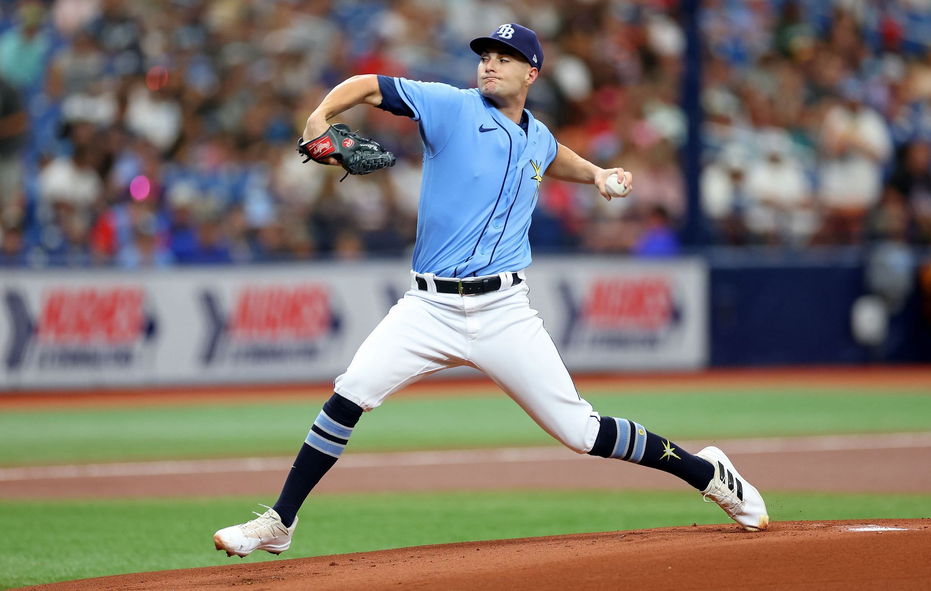 Shane McClanahan of the Tampa Bay Rays pitches against the Texas Rangers