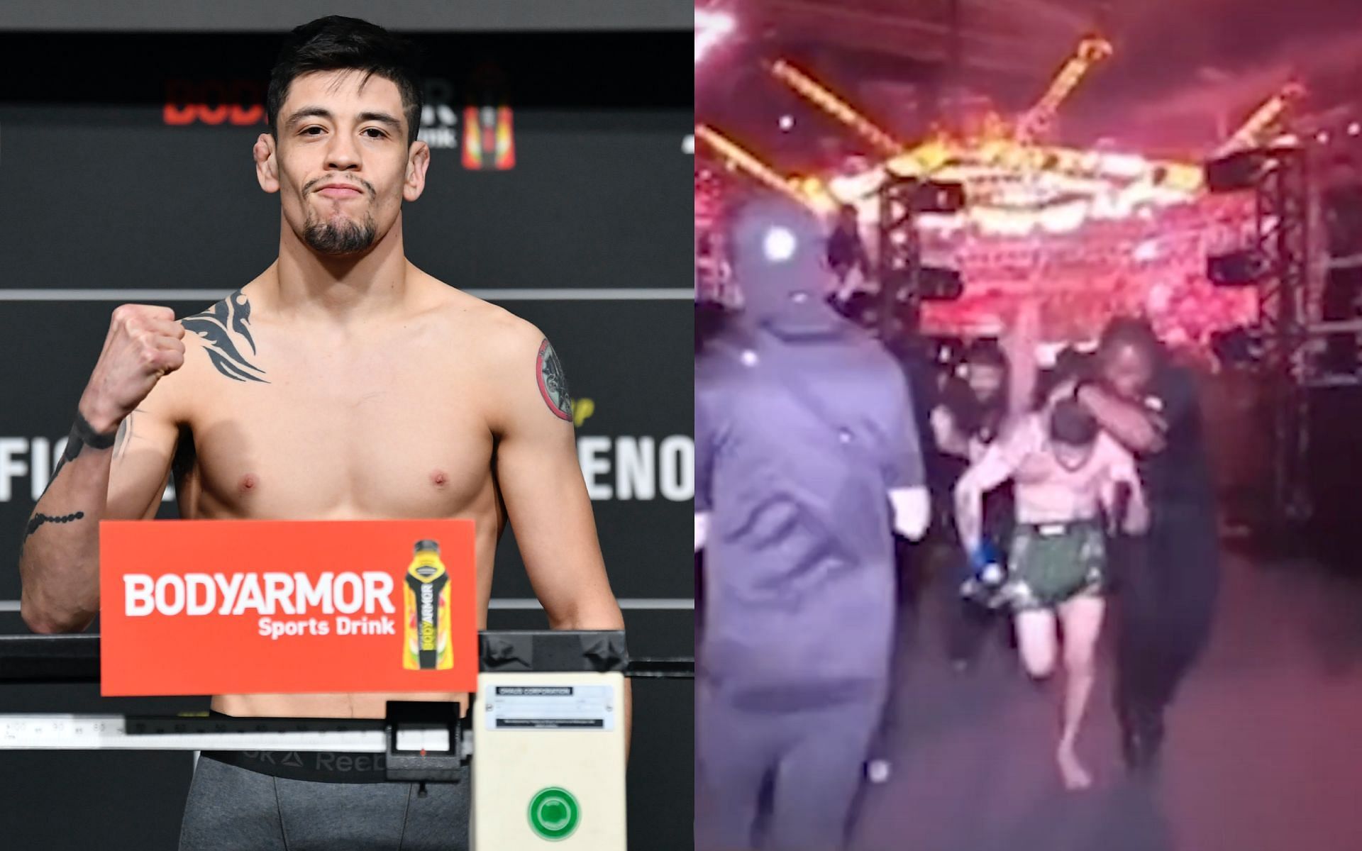Brandon Moreno (left) and Brazil crowd throwing drinks at Brandon Moreno (right) [Image credits: Getty Images and @NinaDrama on YouTube]