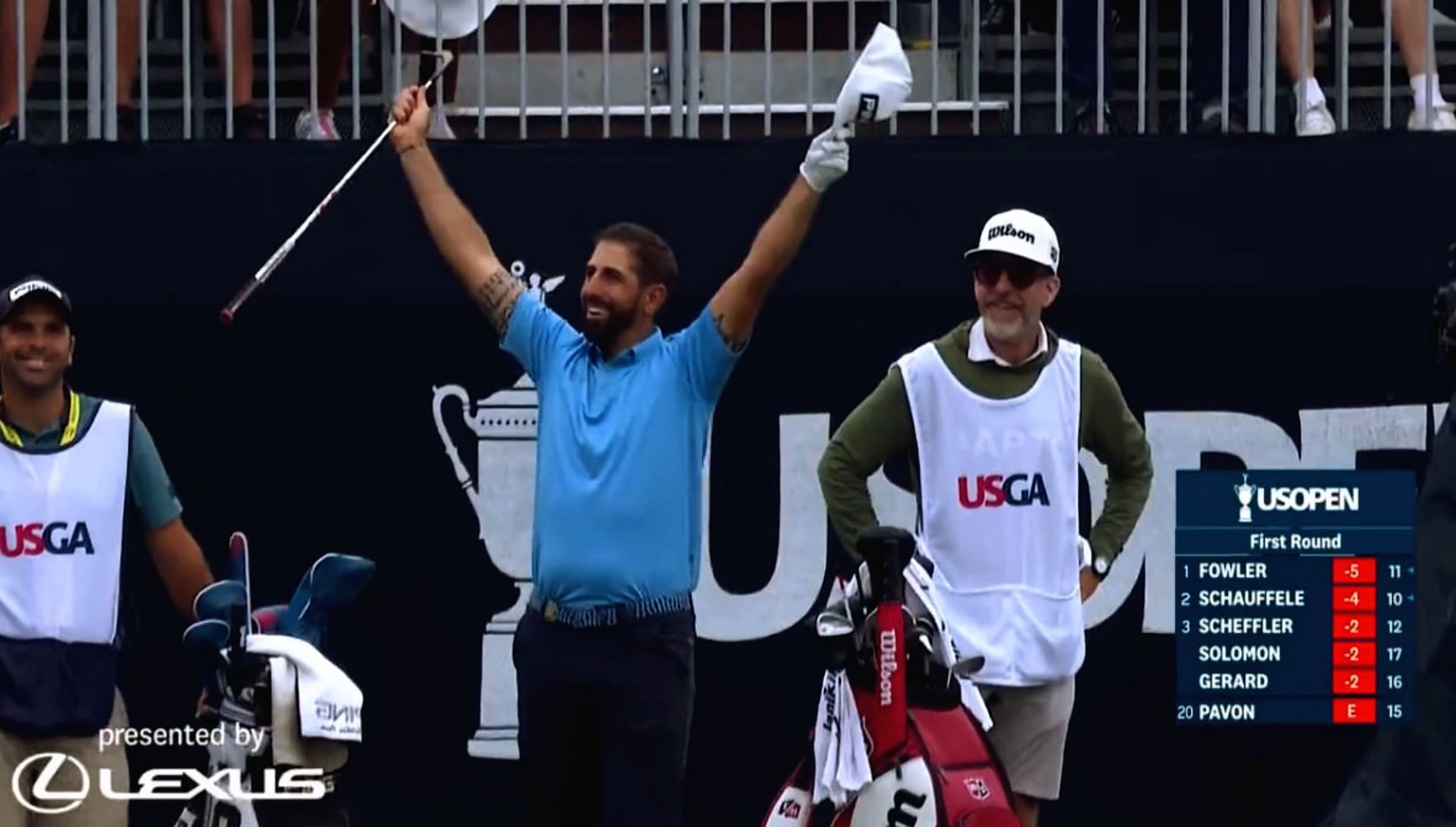 Matthieu Pavon celebrating his ace at the U.S. Open. First round (Image via Twitter @PGATour).