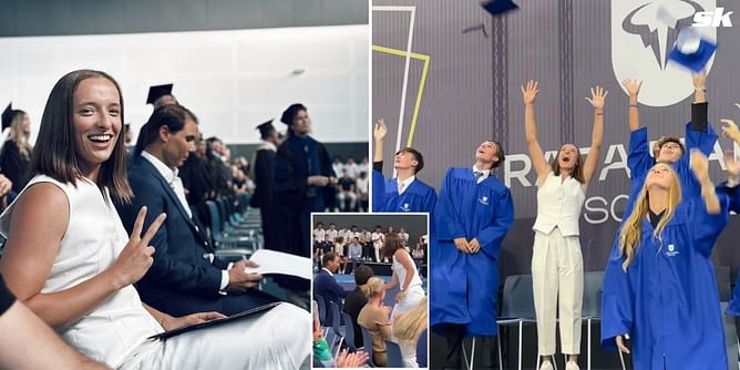 Iga Swiatek high-fives Rafael Nadal after delivering keynote speech at his academy, joins graduates in cap-throwing ceremony