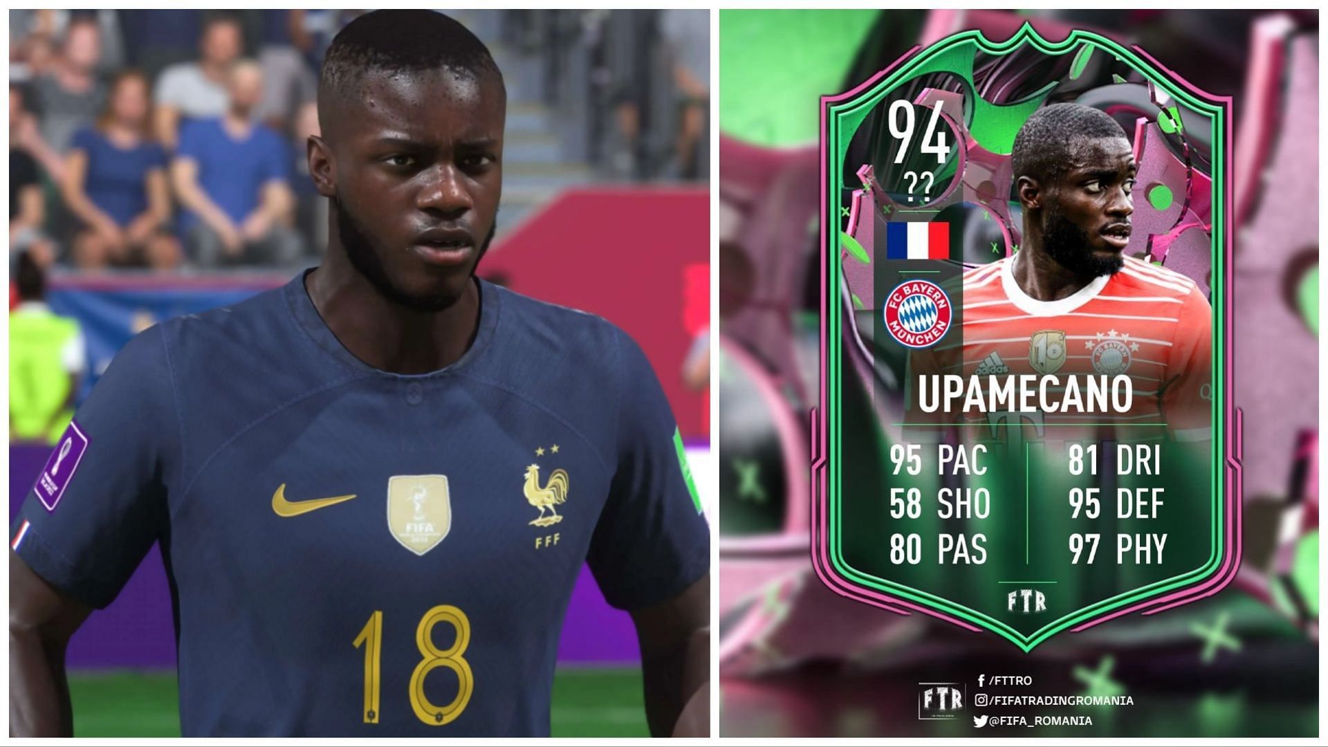 Shapeshifters Upamecano has been leaked (Images via EA Sports and Twitter/FIFATradingRomania)