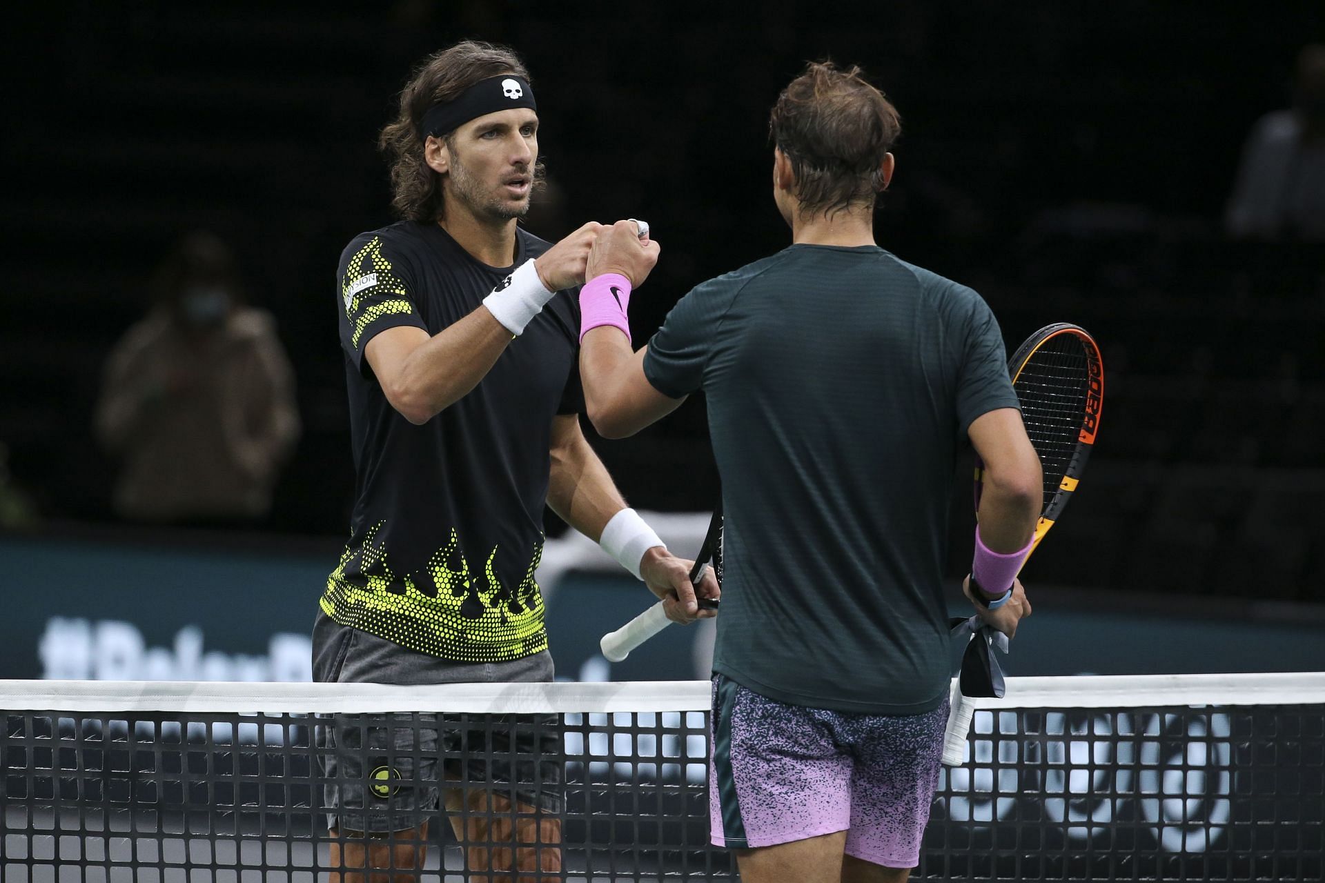 Feliciano Lopez and Rafael Nadal pictured at the 2020 Rolex Paris Masters.