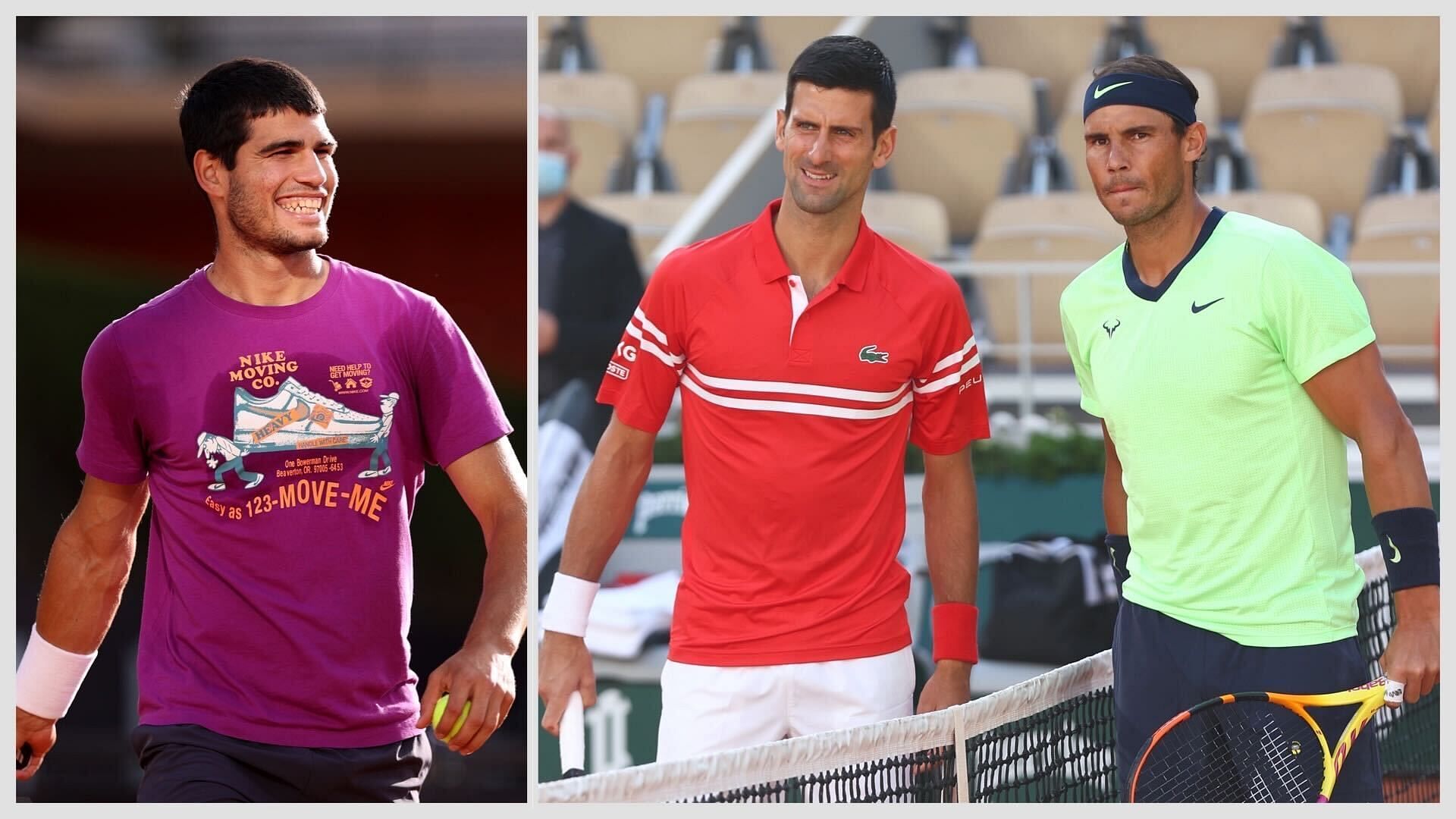 Carlos Alcaraz (L), Novak Djokovic and Rafael Nadal (R)