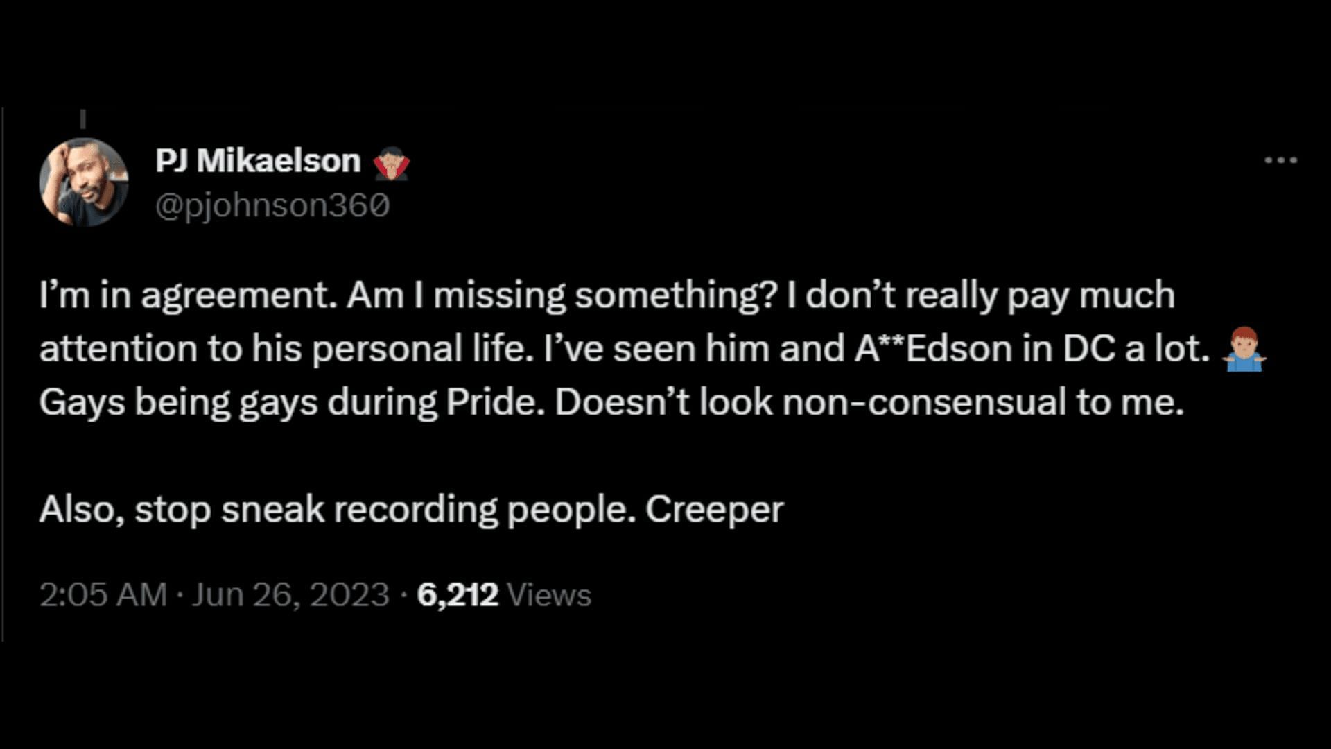 A Twitter user calls the videographer a &quot;creeper.&quot; (Image via Twitter/PJ Mikaelson)