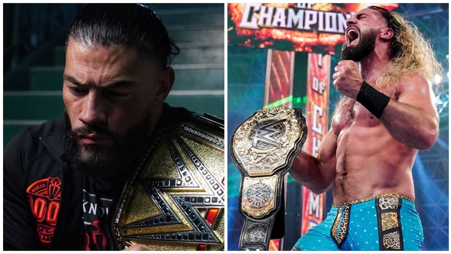 Roman Reigns with the golden Undisputed WWE Universal Championship (Left) and Seth Rollins as World Heavyweight Champion (Right)