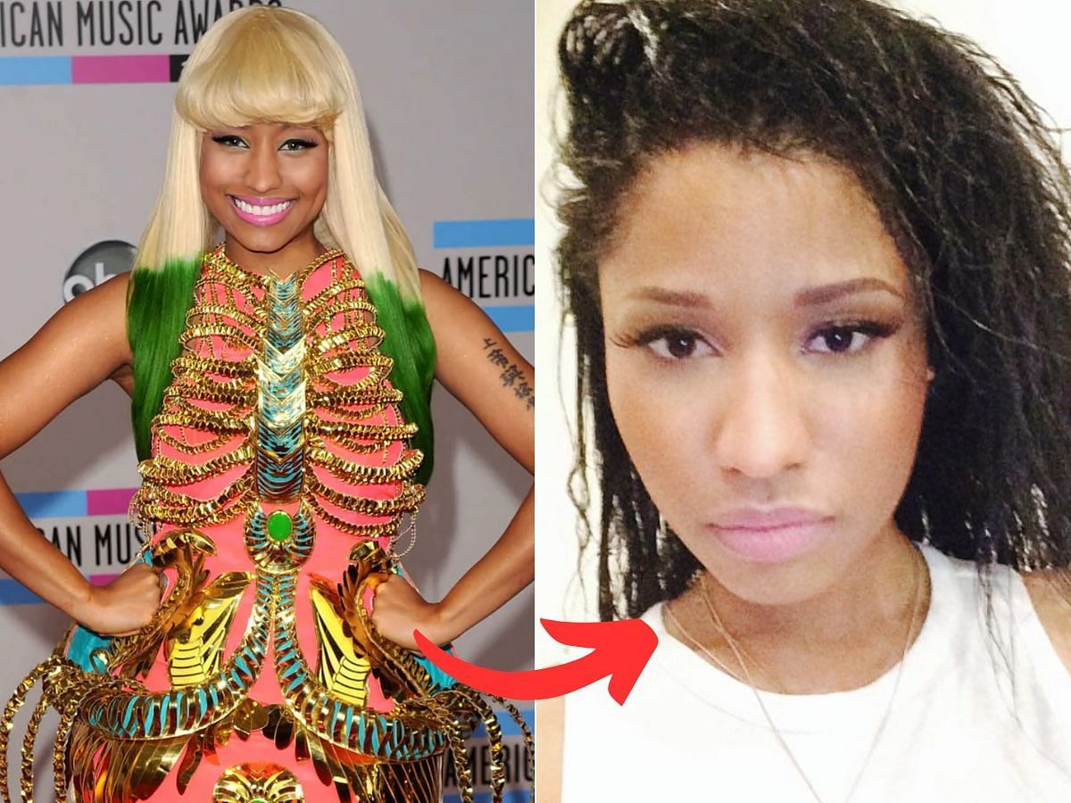 Stills of Nicky Minaj before (left) and after (right) makeup look (Images Via Getty Images)