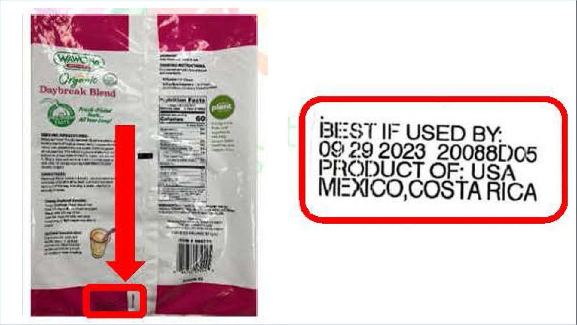 The recalled packet of Wawona Organic DayBreak Blend (Image via FDA)