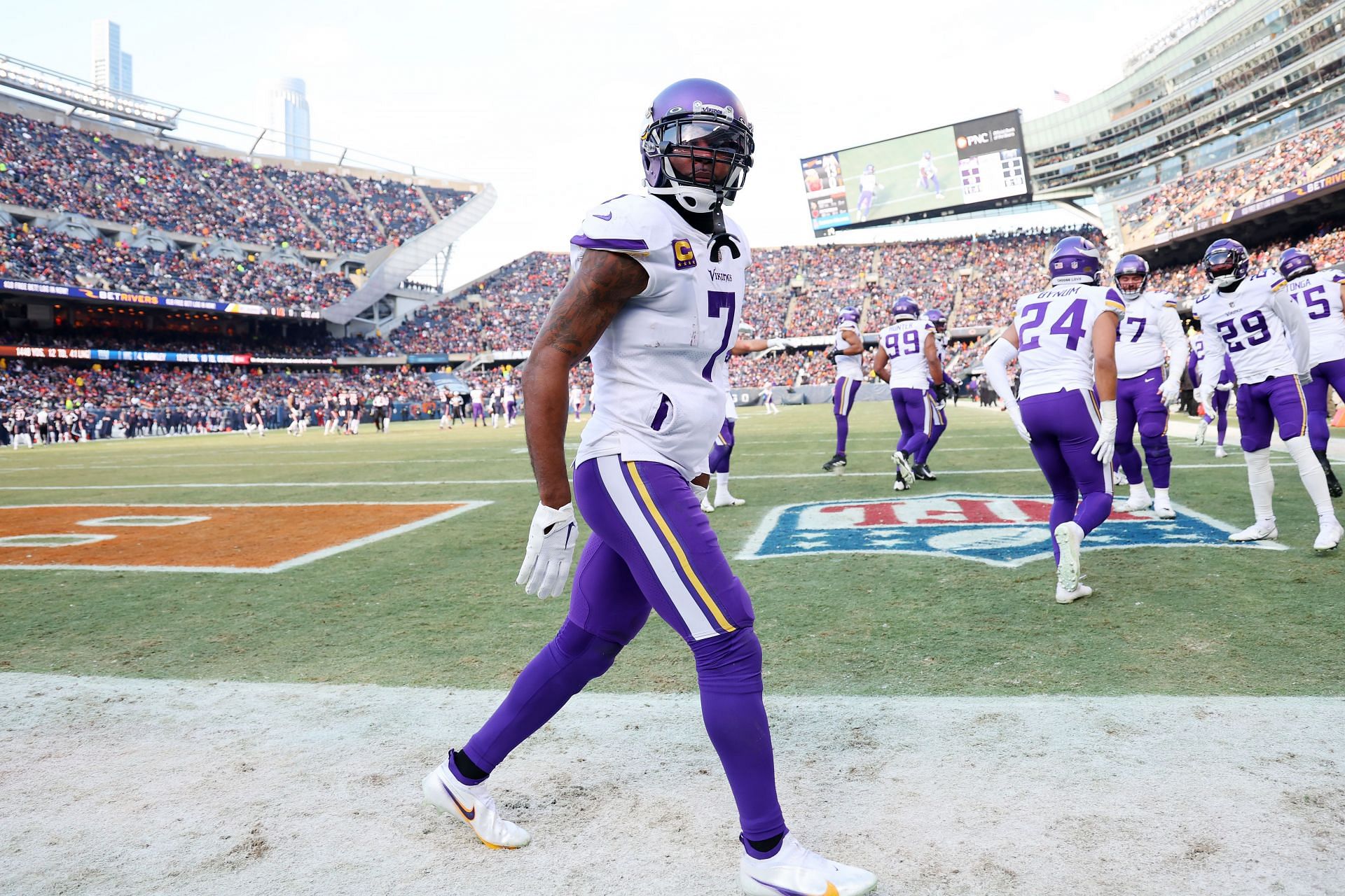 Patrick Peterson #7 of the Minnesota Vikings celebrates an interception in the second quarter of a game against the Chicago Bears