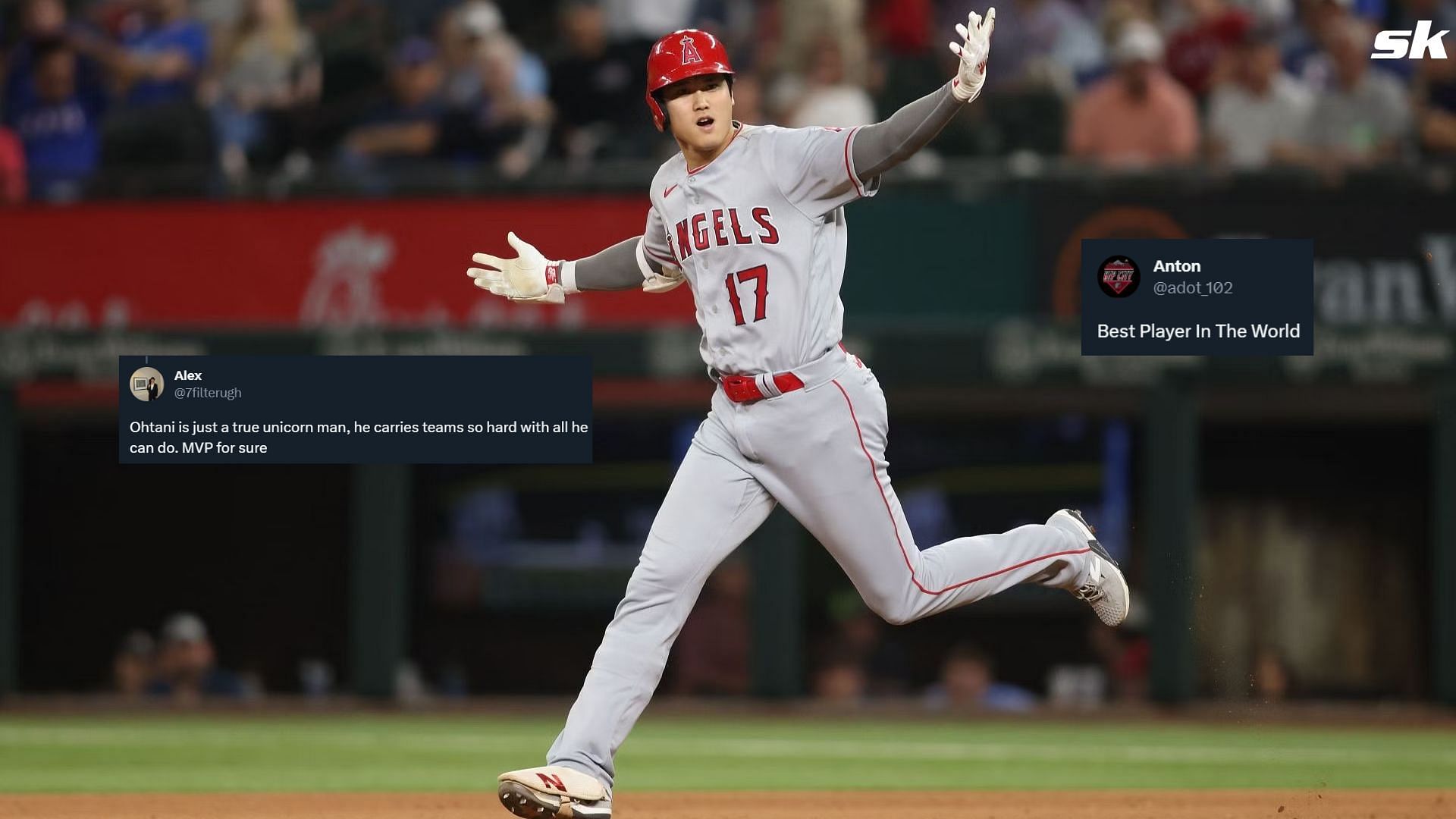 Shohei Ohtani #17 of the Los Angeles Angels reacts after hitting a two-run home run against the Texas Rangers in the 12th inning at Globe Life Field on June 12th.