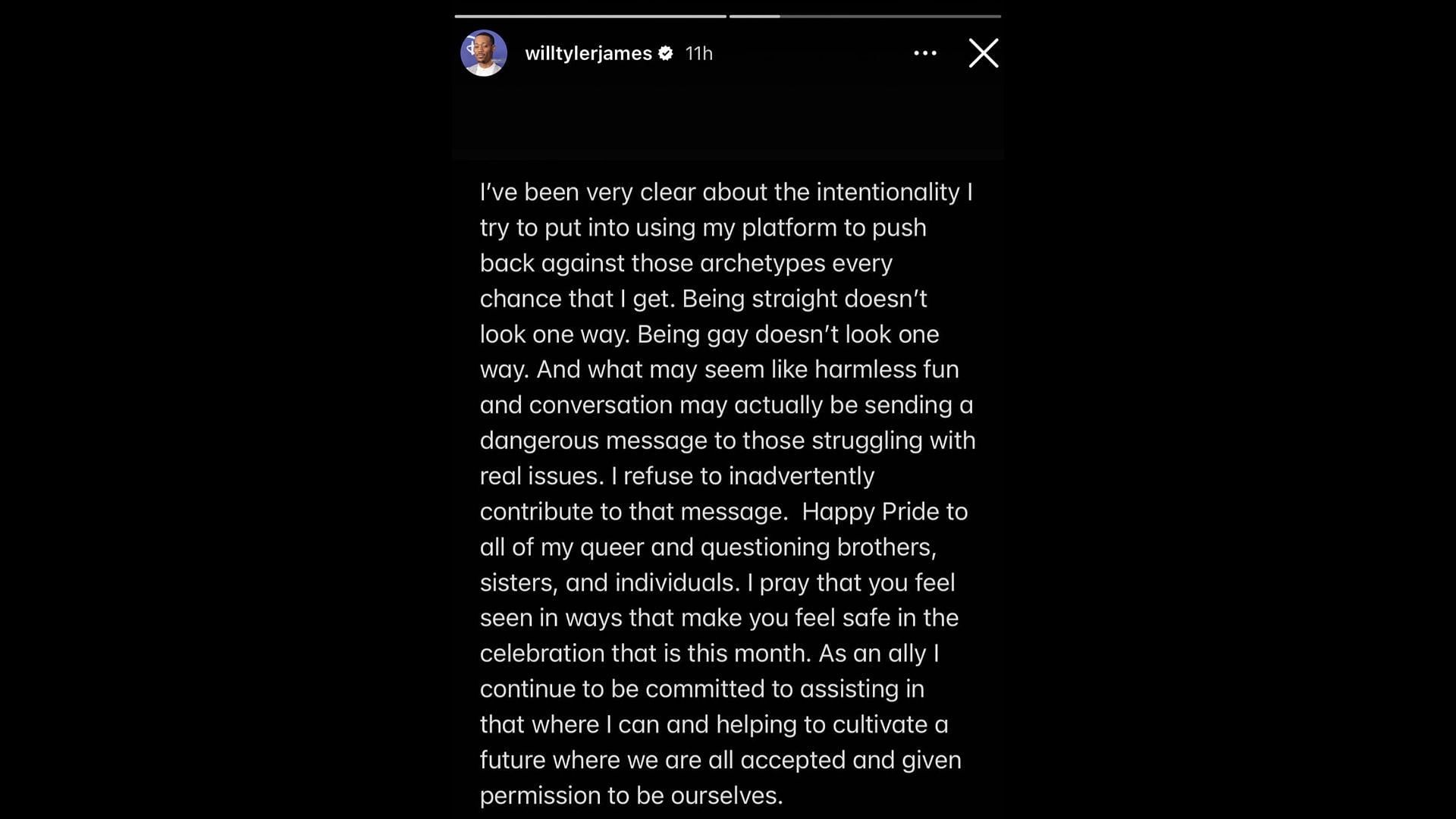 Screenshot of Williams&#039; Instagram story addressing speculations around his s*xuality.
