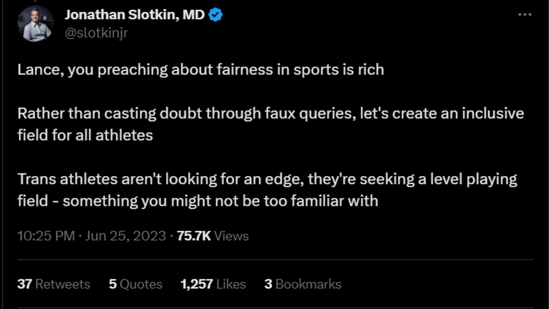 A Twitter user feels Armstrong can never be in a position to understand the plight of trans people in sports. (Image via Twitter/Jonathan Slotkin, MD)