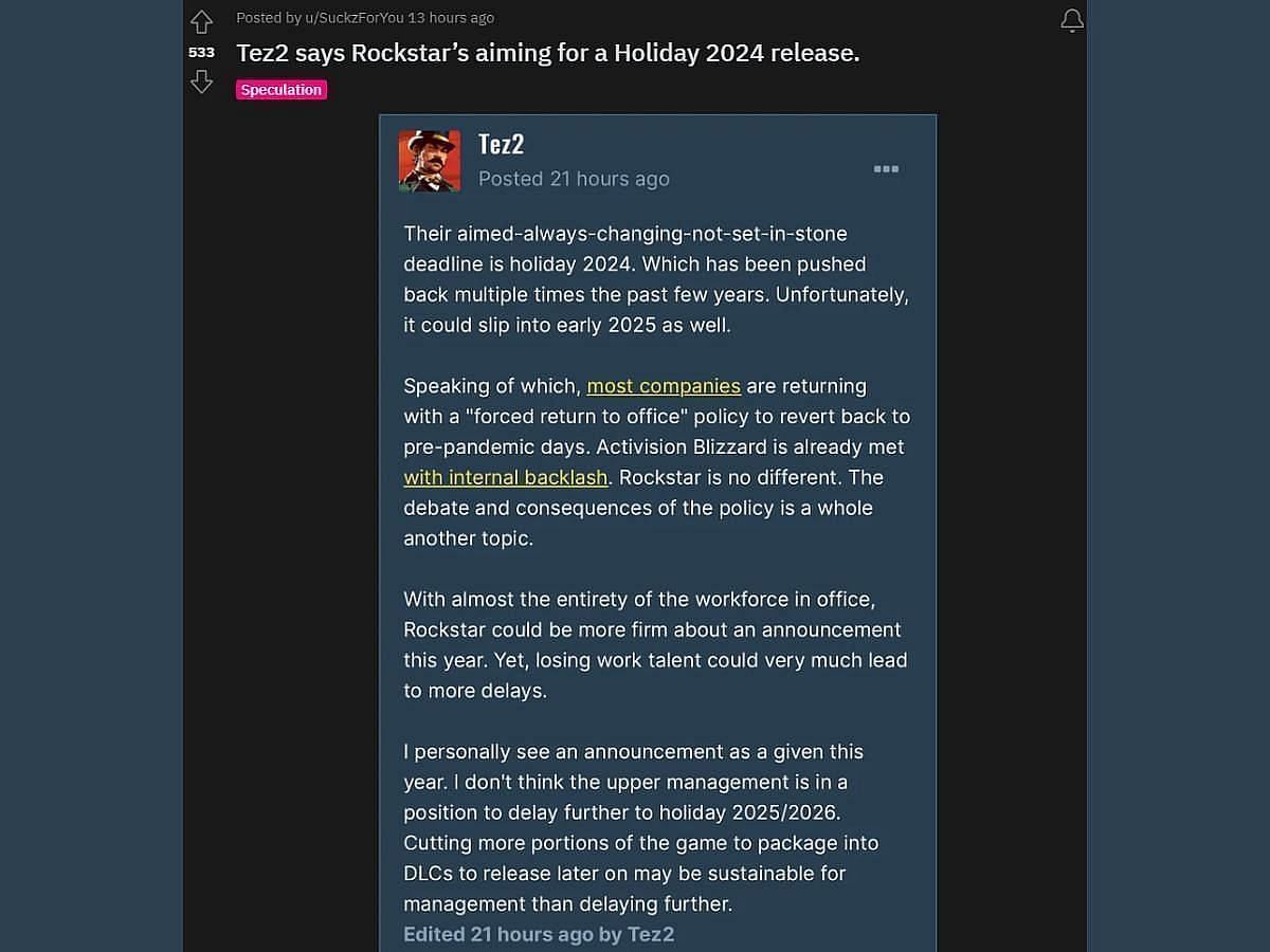 Tez&#039;2 suggests a late 2024 to early 2025 release date (Image via Reddit: u/SuckzForYou)