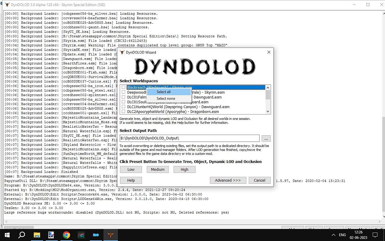 Generating object LODs for Skyrim through Dyndolod wizard (screenshot by Sportskeeda)