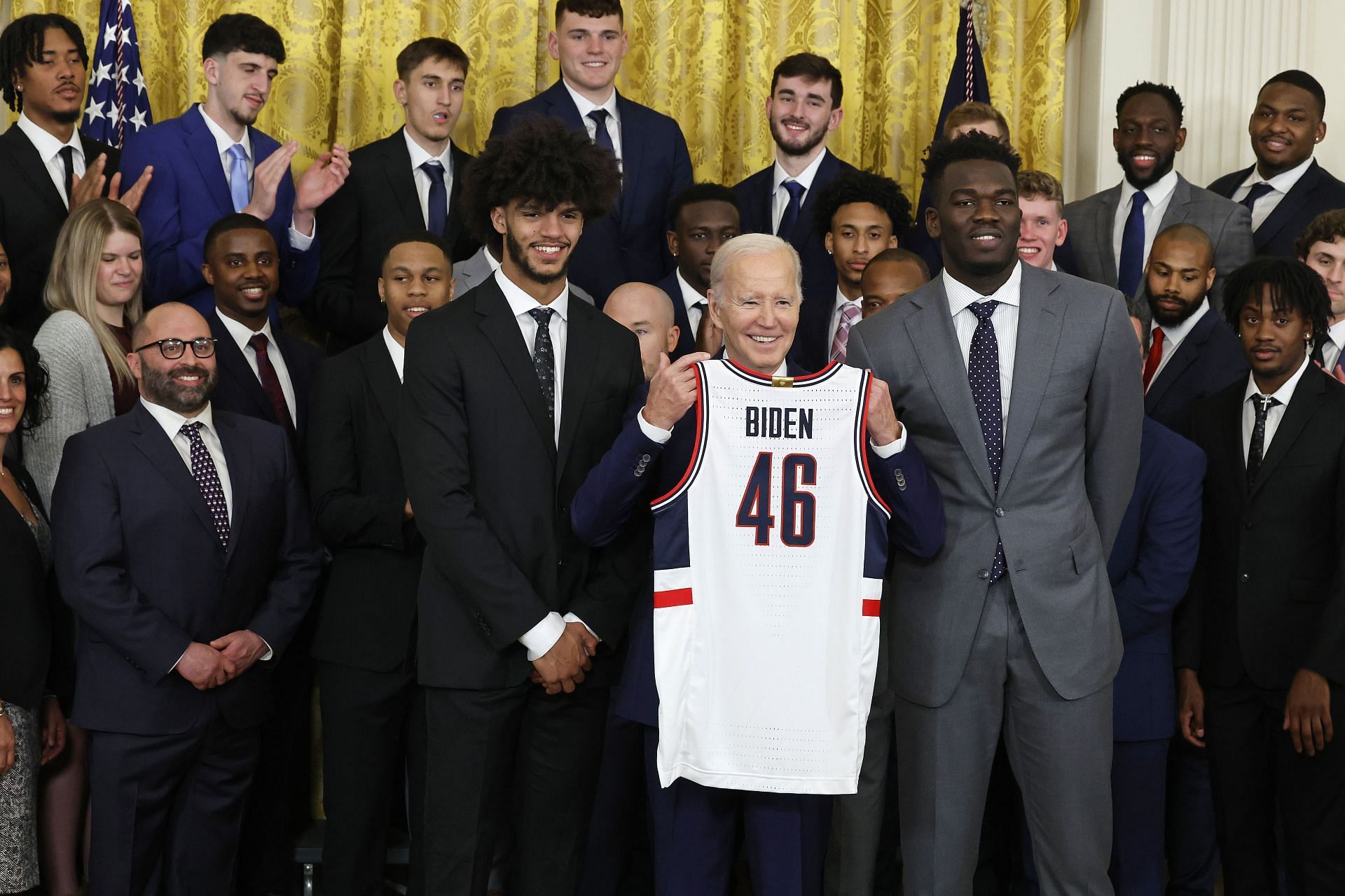 Joe Biden hosts the NCAA women&#039;s champions, the LSU Tigers, and men&#039;s champions, the Connecticut Huskies, at the White House.