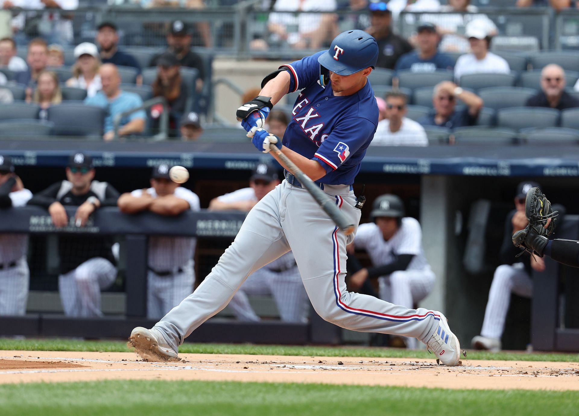 Corey Seager #5 of the Texas Rangers bats against the New York Yankees