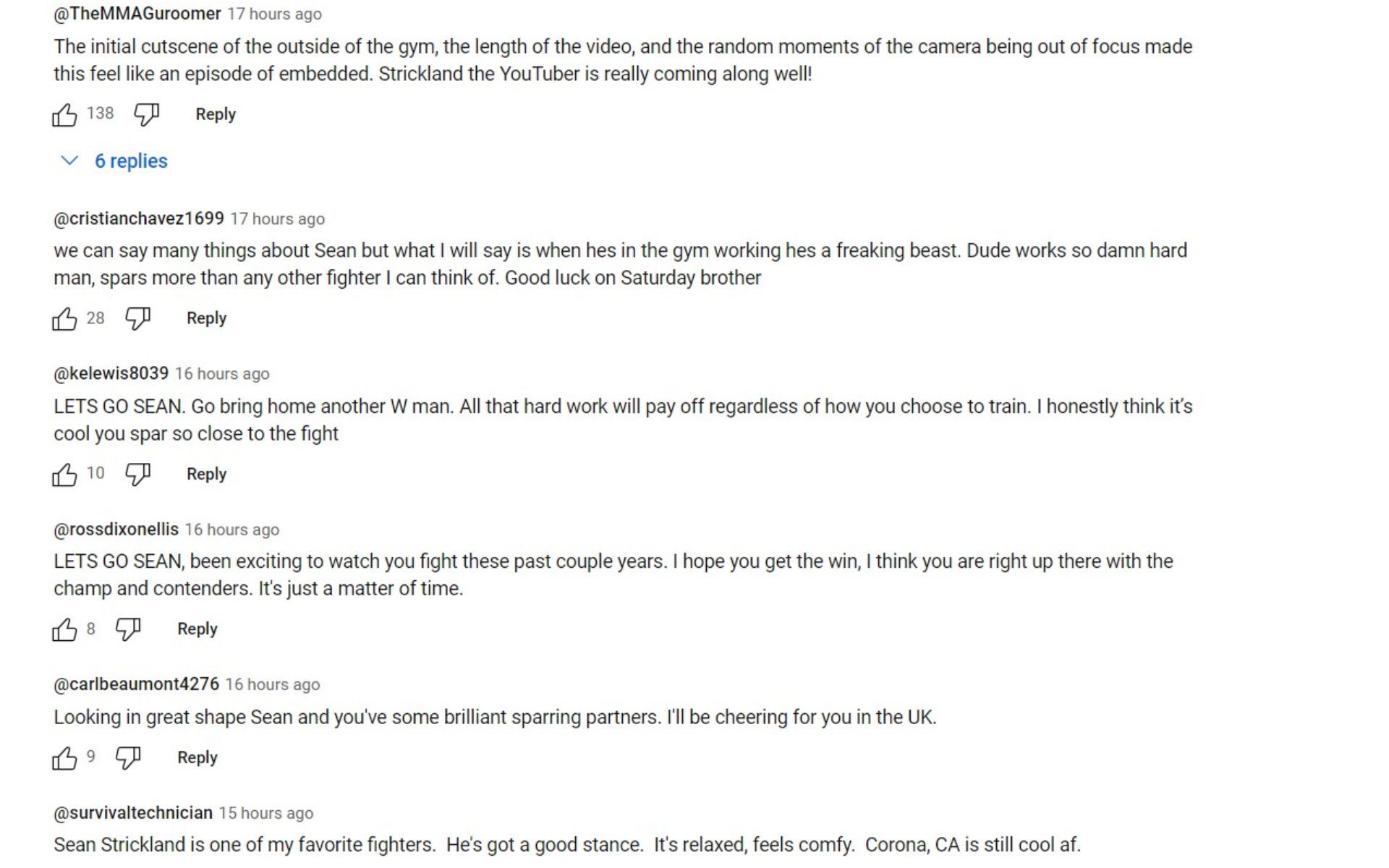 Screenshot of fan reactions to Strickland&#039;s sparring video #1