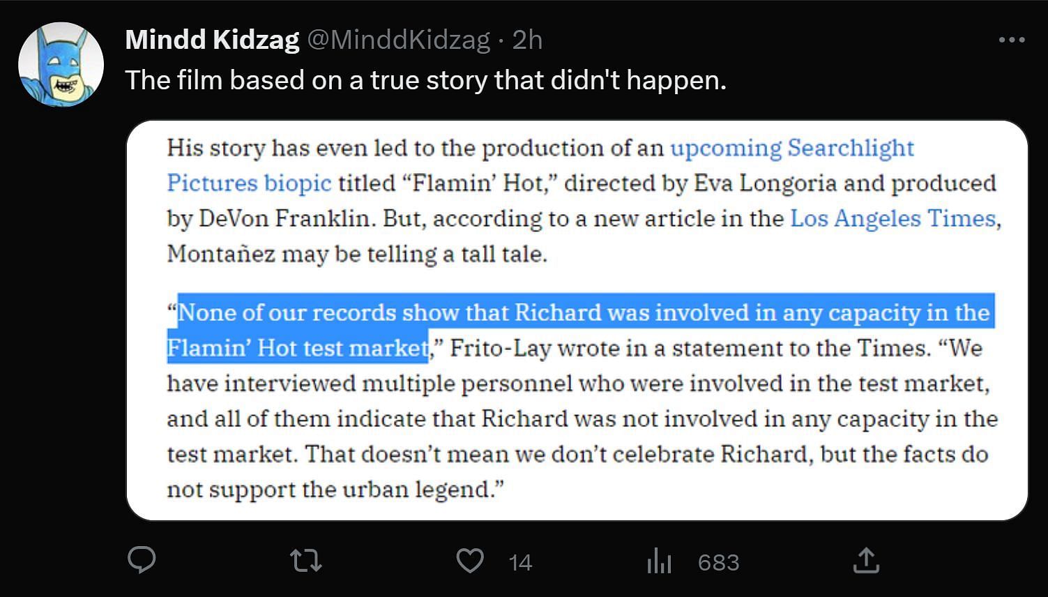 A tweet reply to Discussing Films&#039; post about Flaming Hot&#039;s release on Disney (Image via Twitter)