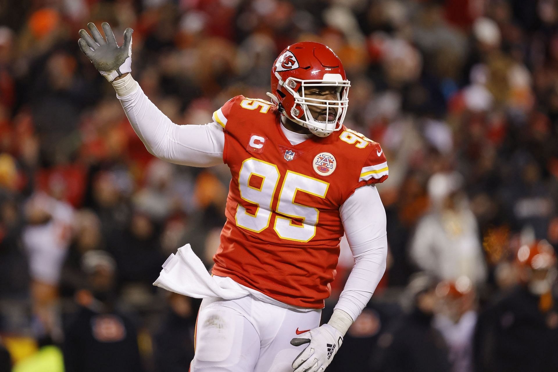 Chris Jones #95 of the Kansas City Chiefs reacts after sacking Joe Burrow #9 of the Cincinnati Bengals during the fourth quarter in the AFC Championship Game at GEHA Field at Arrowhead Stadium on January 29, 2023 in Kansas City, Missouri. (Photo by David Eulitt/Getty Images)