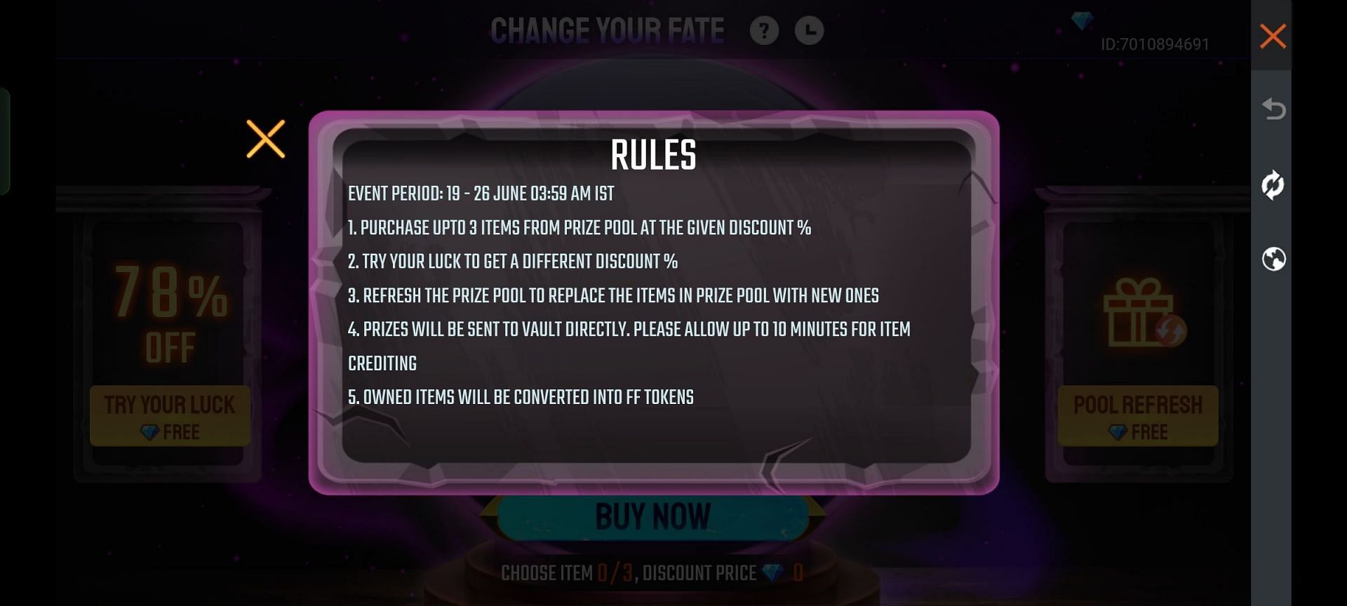 These are the rules of the ongoing Change Your Fate event (Image via Garena)