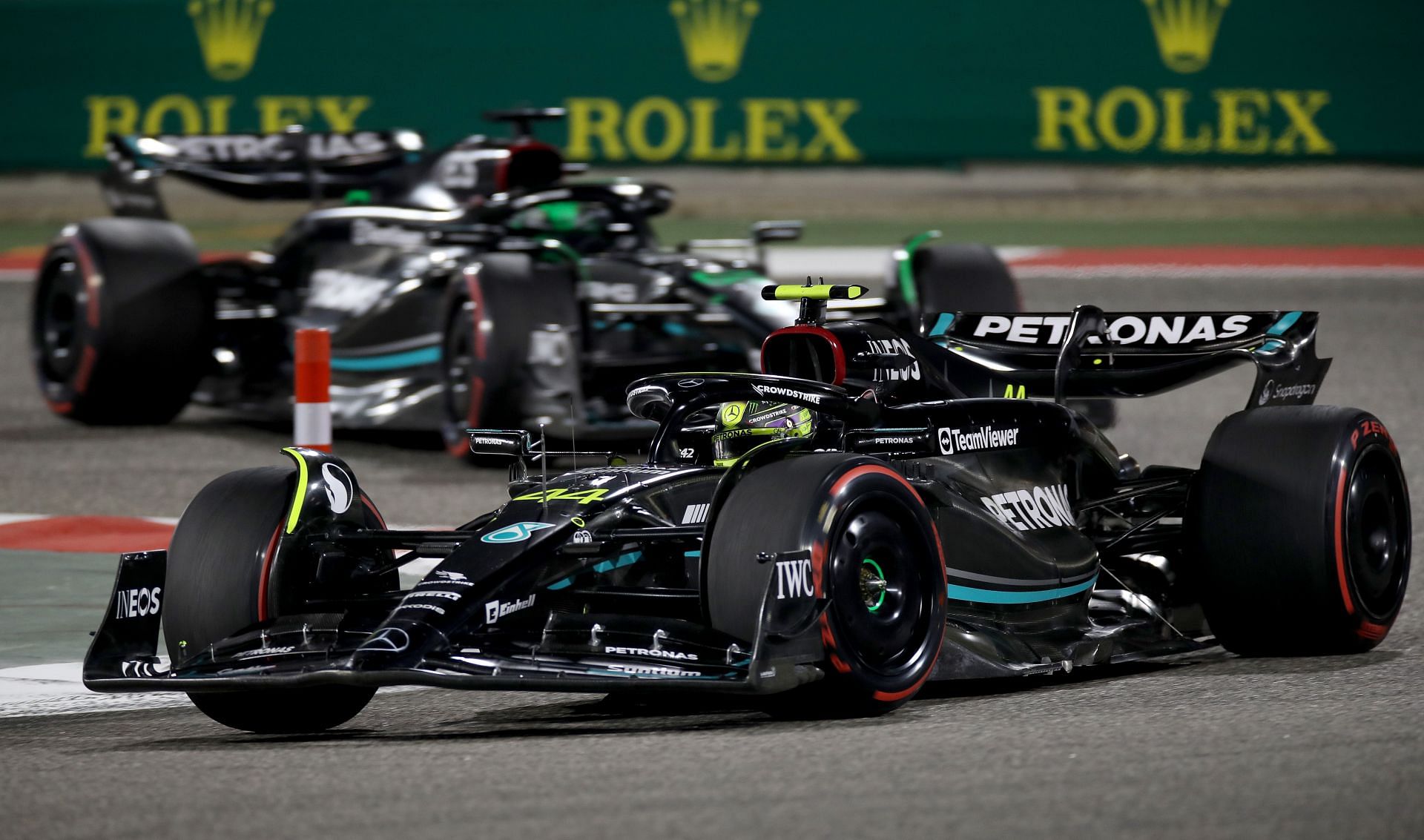 Lewis Hamilton and George Russell during the 2023 Bahrain GP (Photo by Peter Fox/Getty Images)