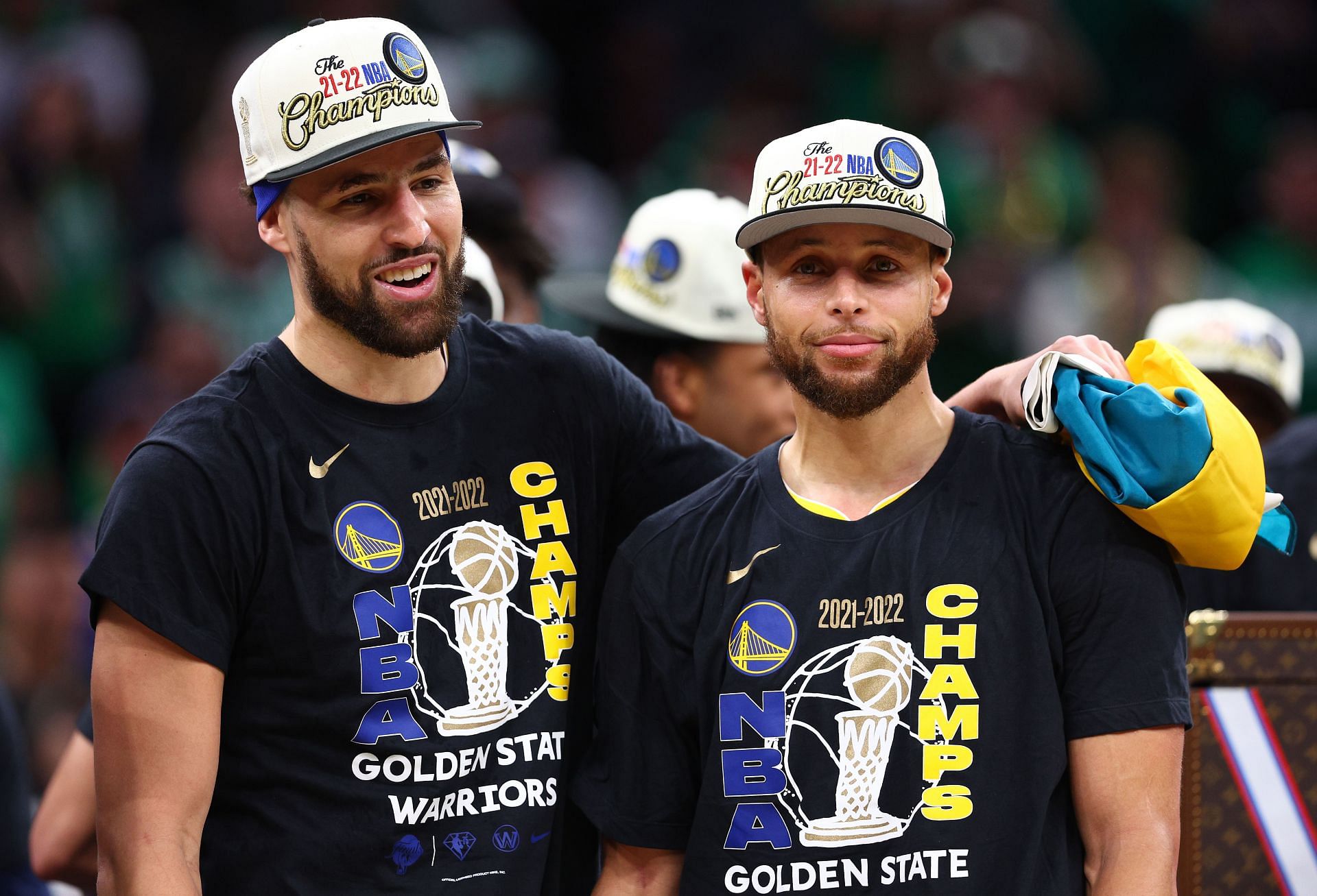 Klay Thompson (L) and Stephen Curry (R) after winning the 2022 NBA Finals (Image via Getty).
