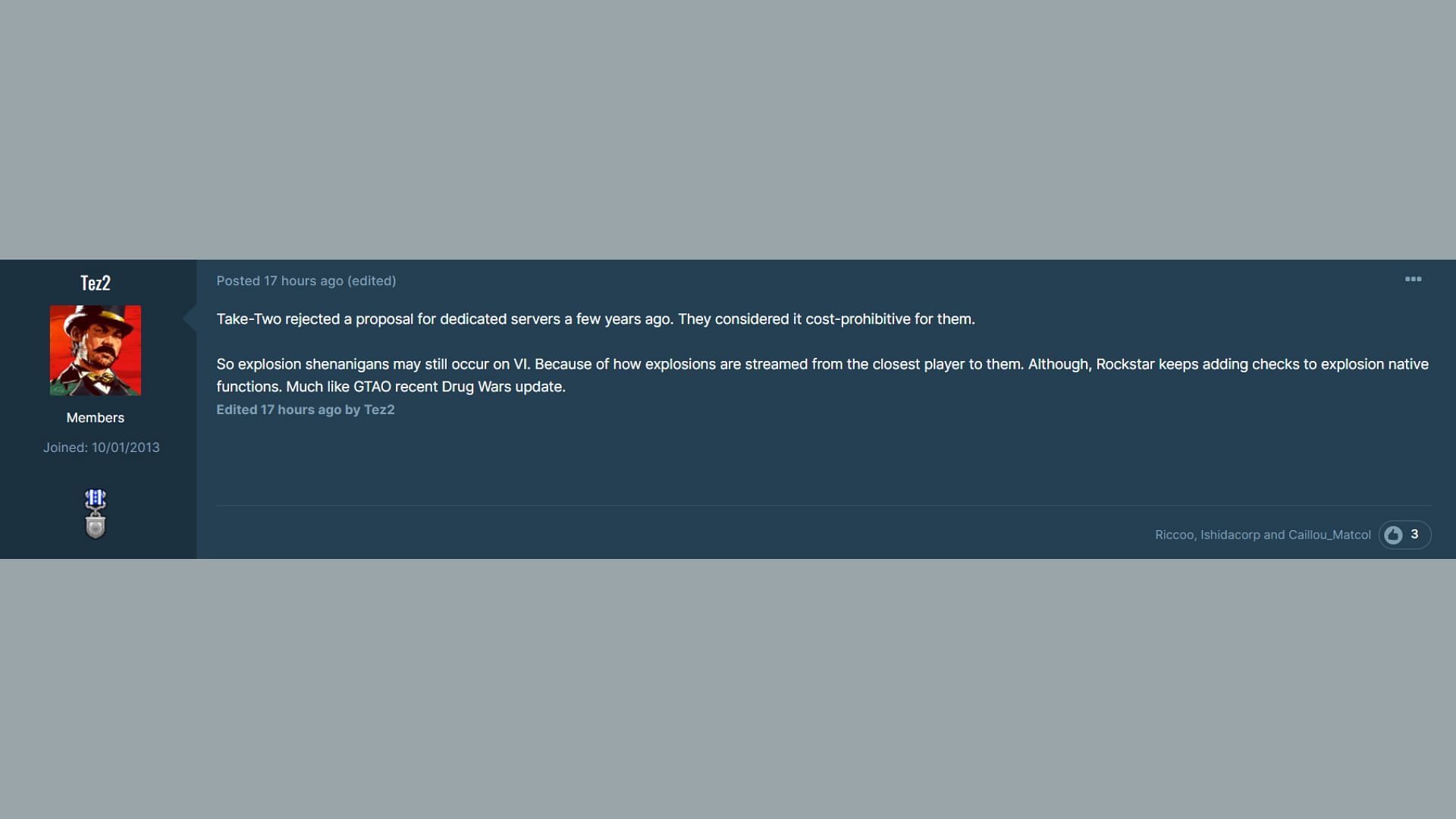 Tez2&rsquo;s comment about dedicated multiplayer servers (Image via Tez2)