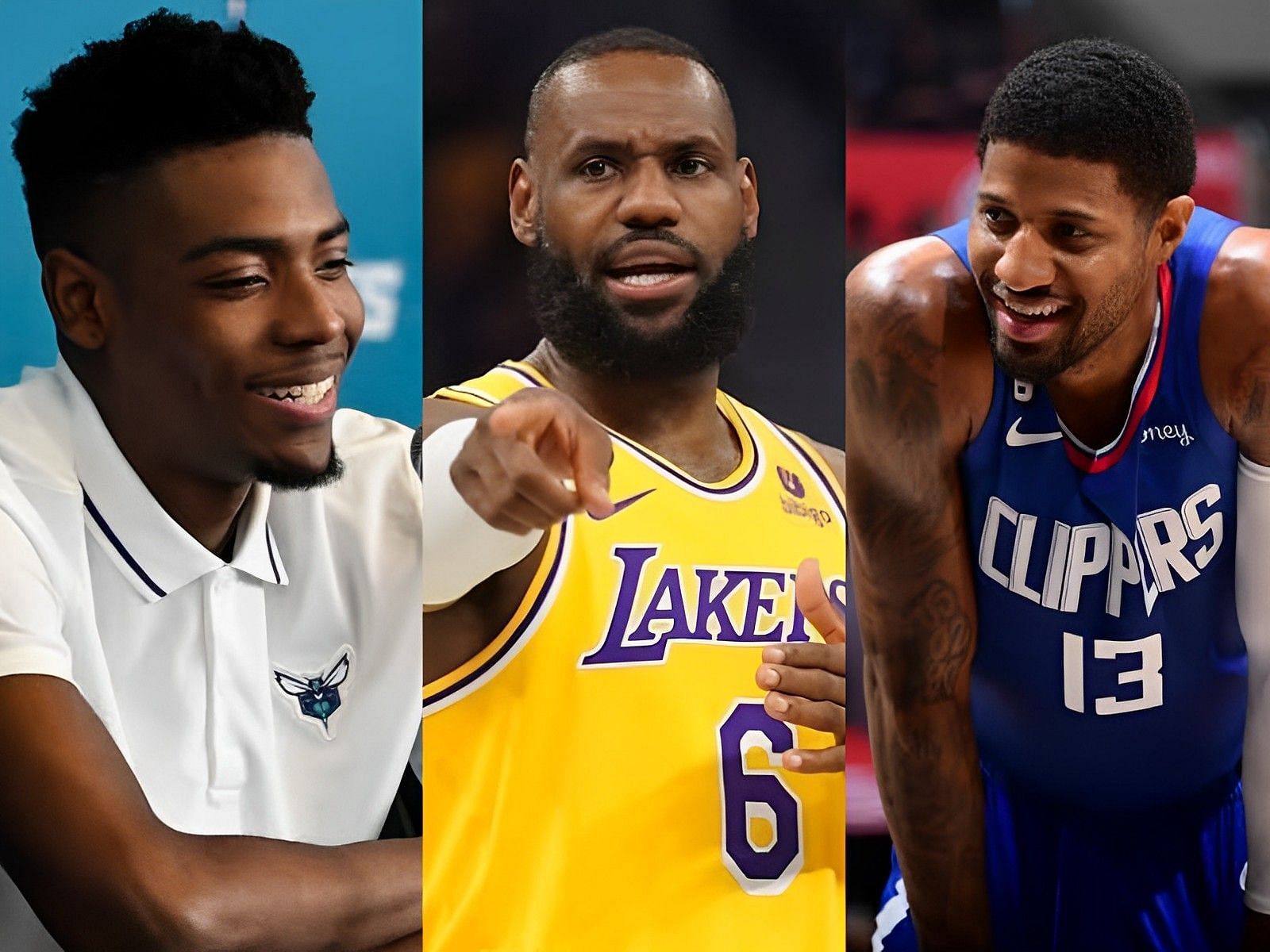 Charlotte Hornets forward Brandon Miller, LA Lakers star forward LeBron James and LA Clippers star wing Paul George