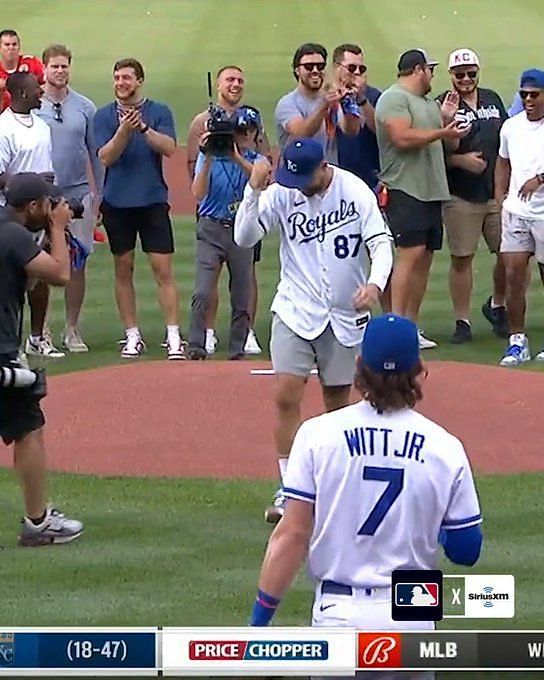 Chiefs' Patrick Mahomes hits long home run at Royals' celebrity softball  game