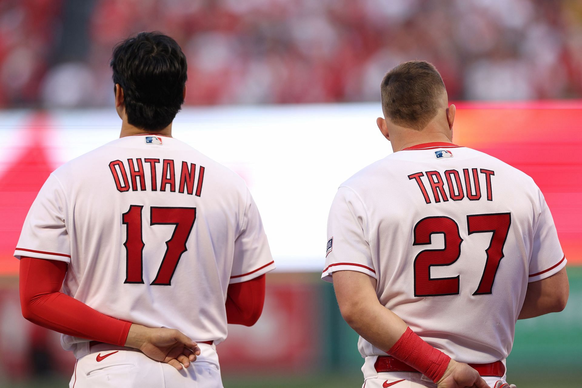 Shohei Ohtani and Mike Trout line up for the National Anthem at Angel Stadium in Anaheim