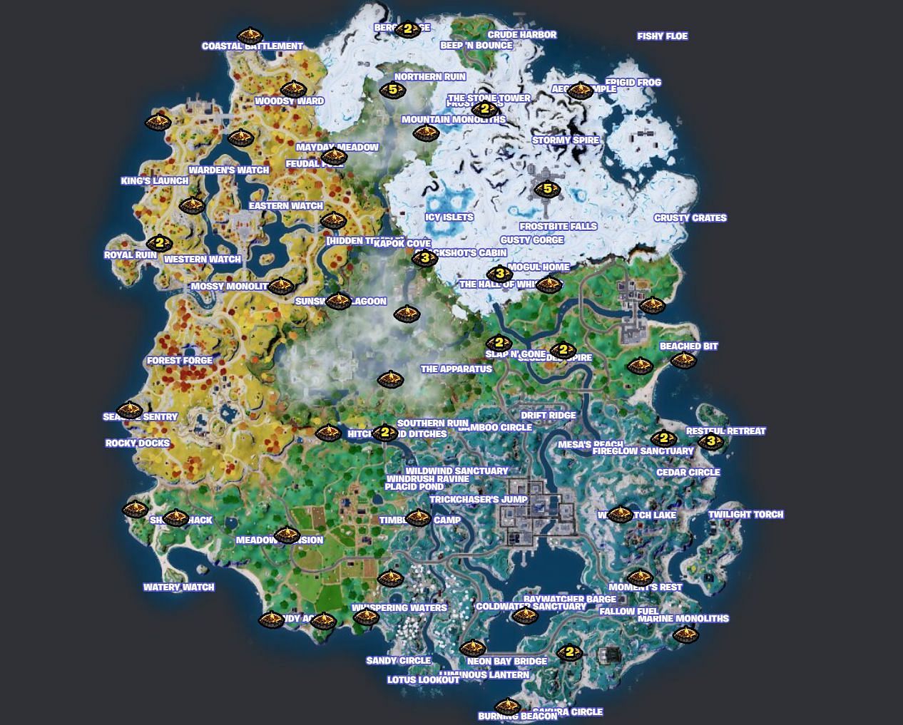 Campfire locations at all Landmarks in Chapter 4 Season 3 (Image via Fortnite.GG)