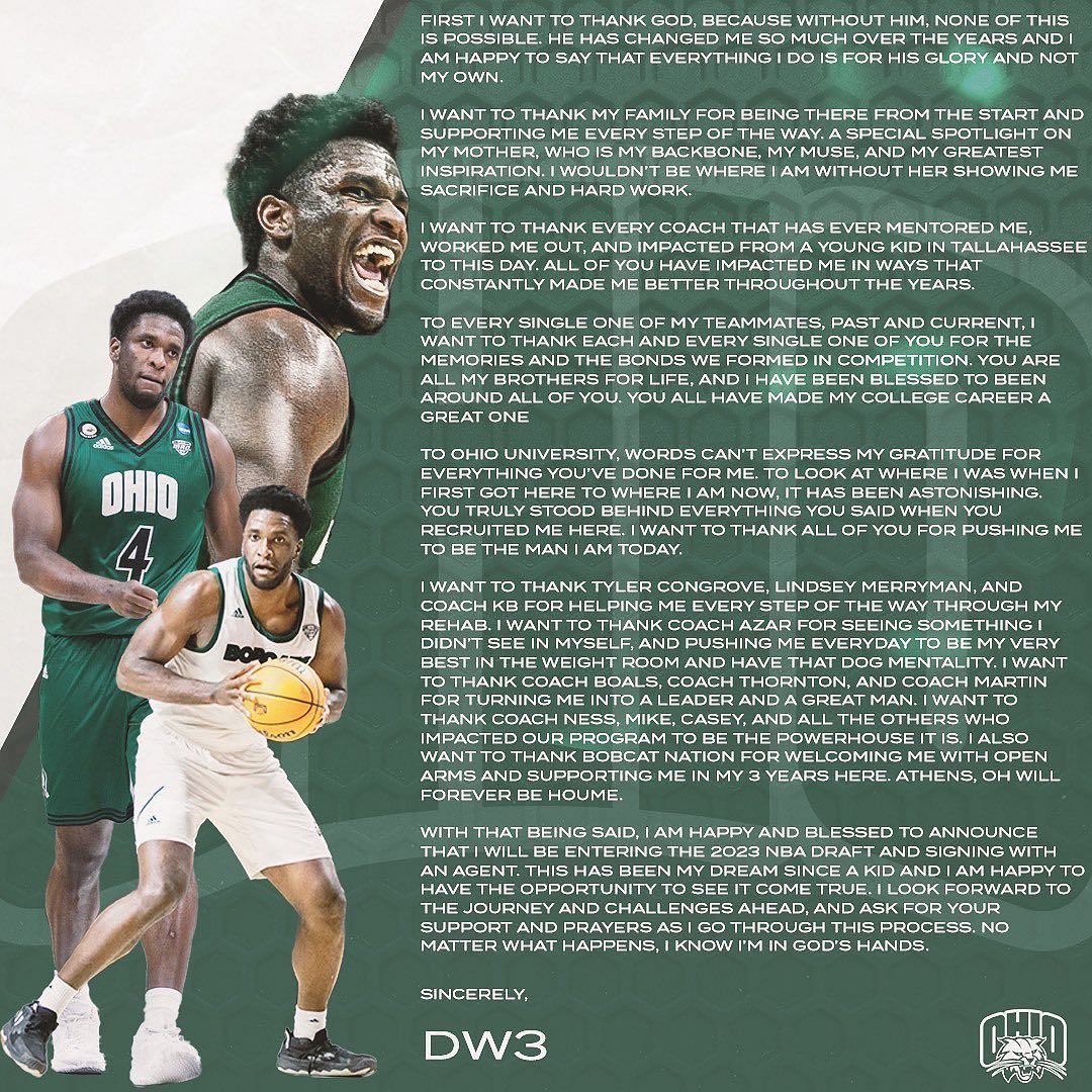 Dwight Wilson with a thank you note towards the Ohio Bobcats basketball fan base and committee. Via Instagram